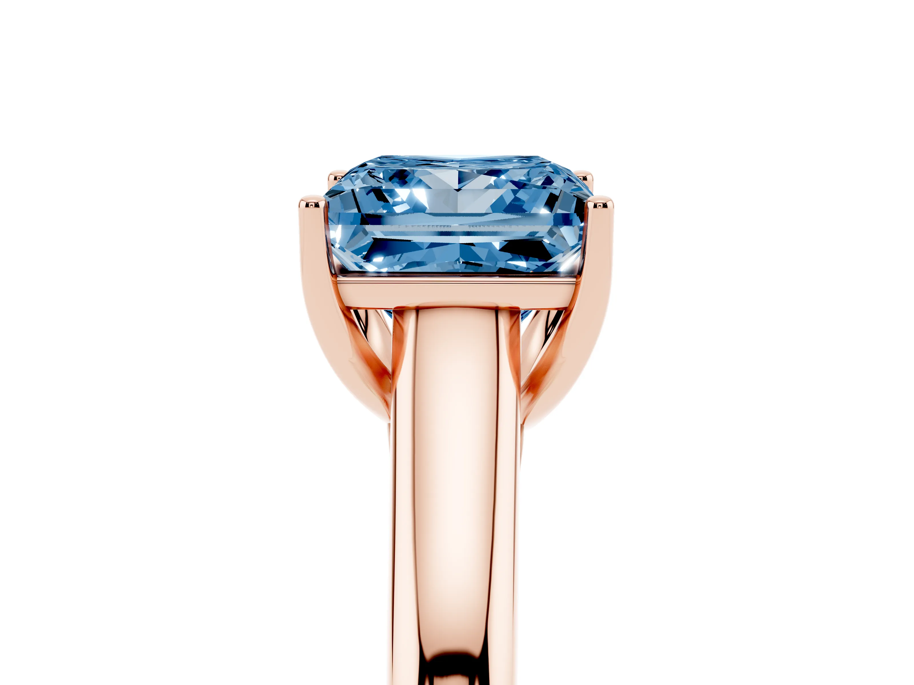 Fancy Blue Princess Cut Diamond Solitaire Engagement Ring Set in Rose gold with Subtly Tapered Band and Prong Setting