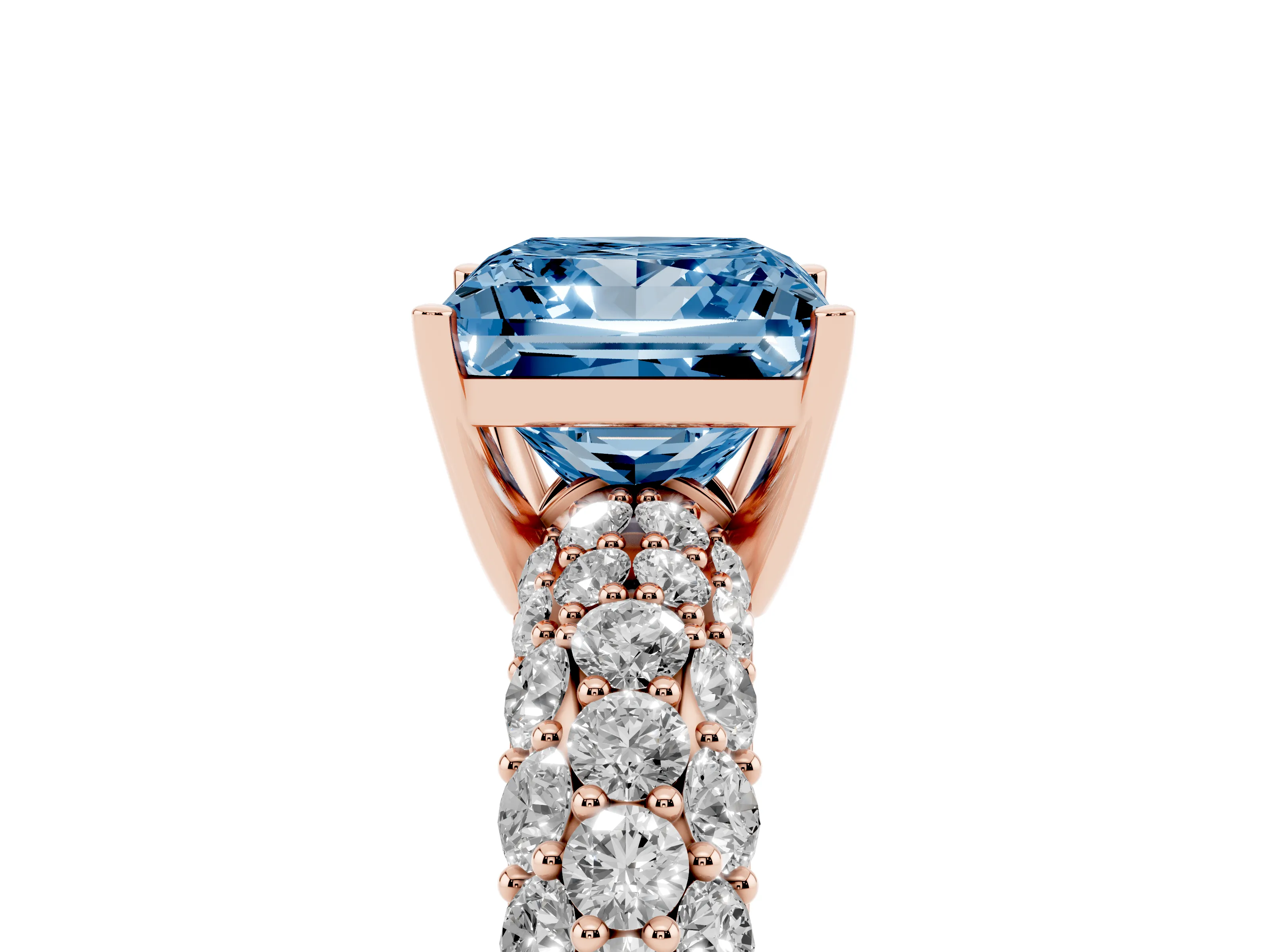 Fancy Blue Princess Cut Diamond Pavé Band Solitaire Ring Set in Rose gold with Close-Set Accent Stones and Prong Setting