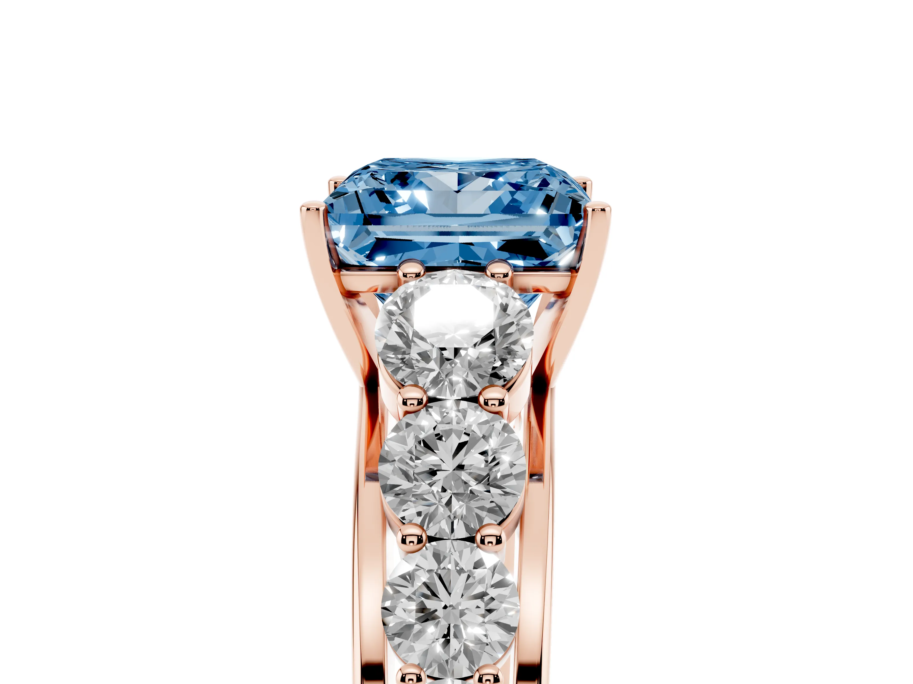Fancy Blue Princess Cut Diamond Solitaire Ring Set in Rose gold with Pavé-Set Band and Prong Setting