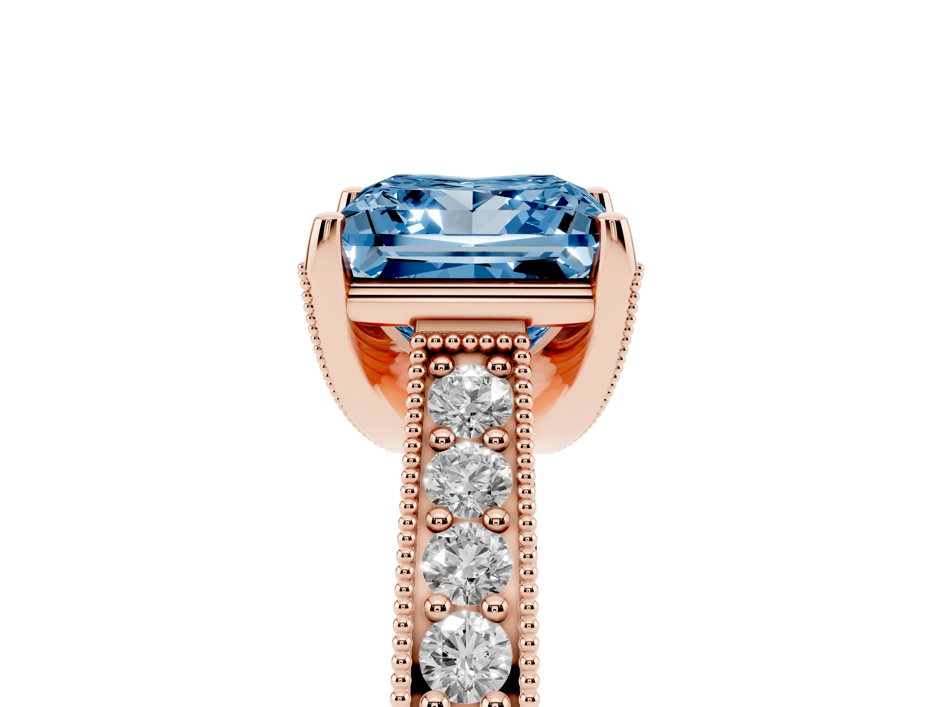 Fancy Blue Princess Cut Diamond Solitaire Ring Set in Rose gold with Milgrain-Edged Pavé Band and Prong Setting