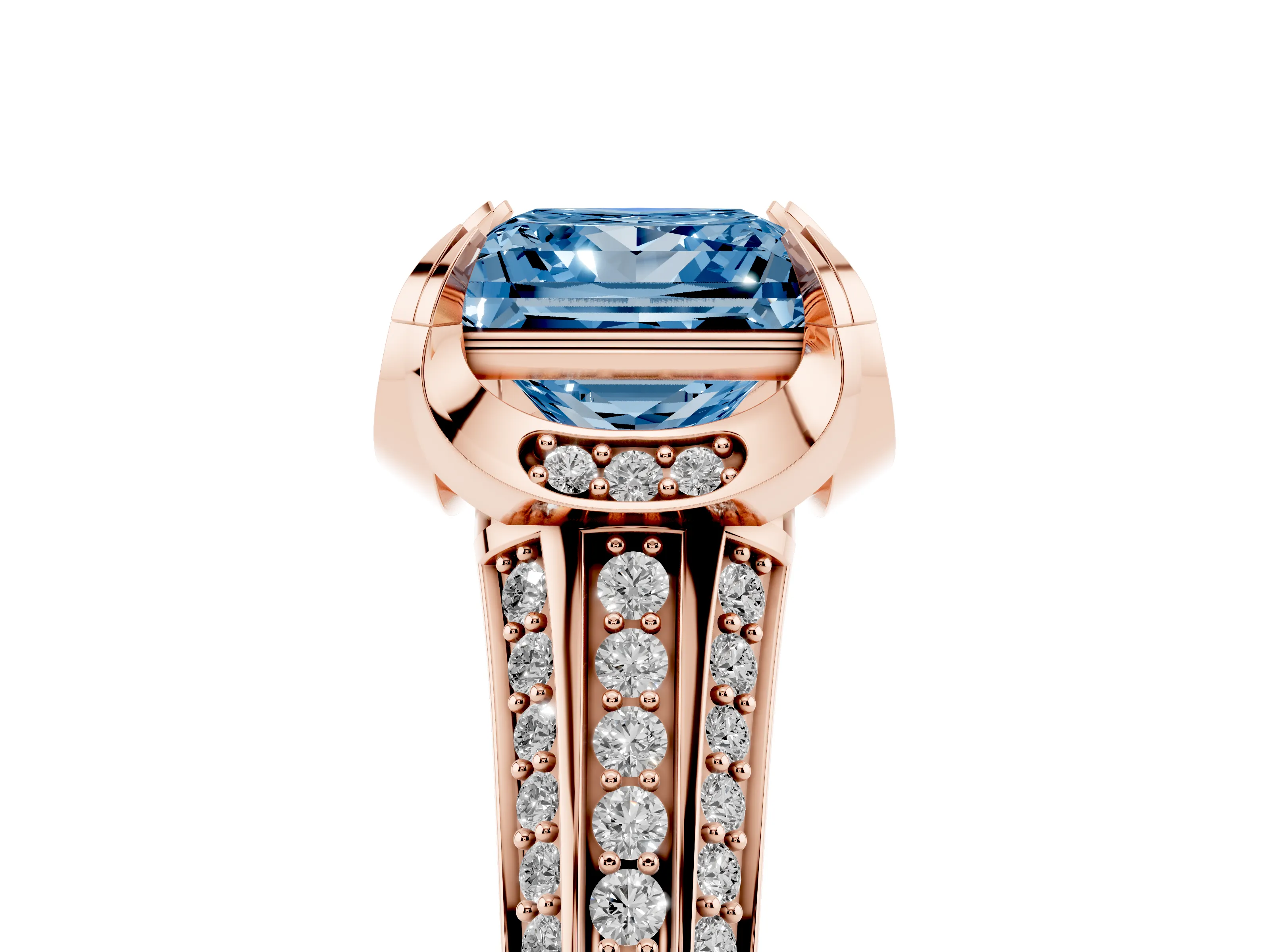 Fancy Blue Princess Cut Diamond Pavé Split Shank Solitaire Ring Set in Rose gold with Prong Setting