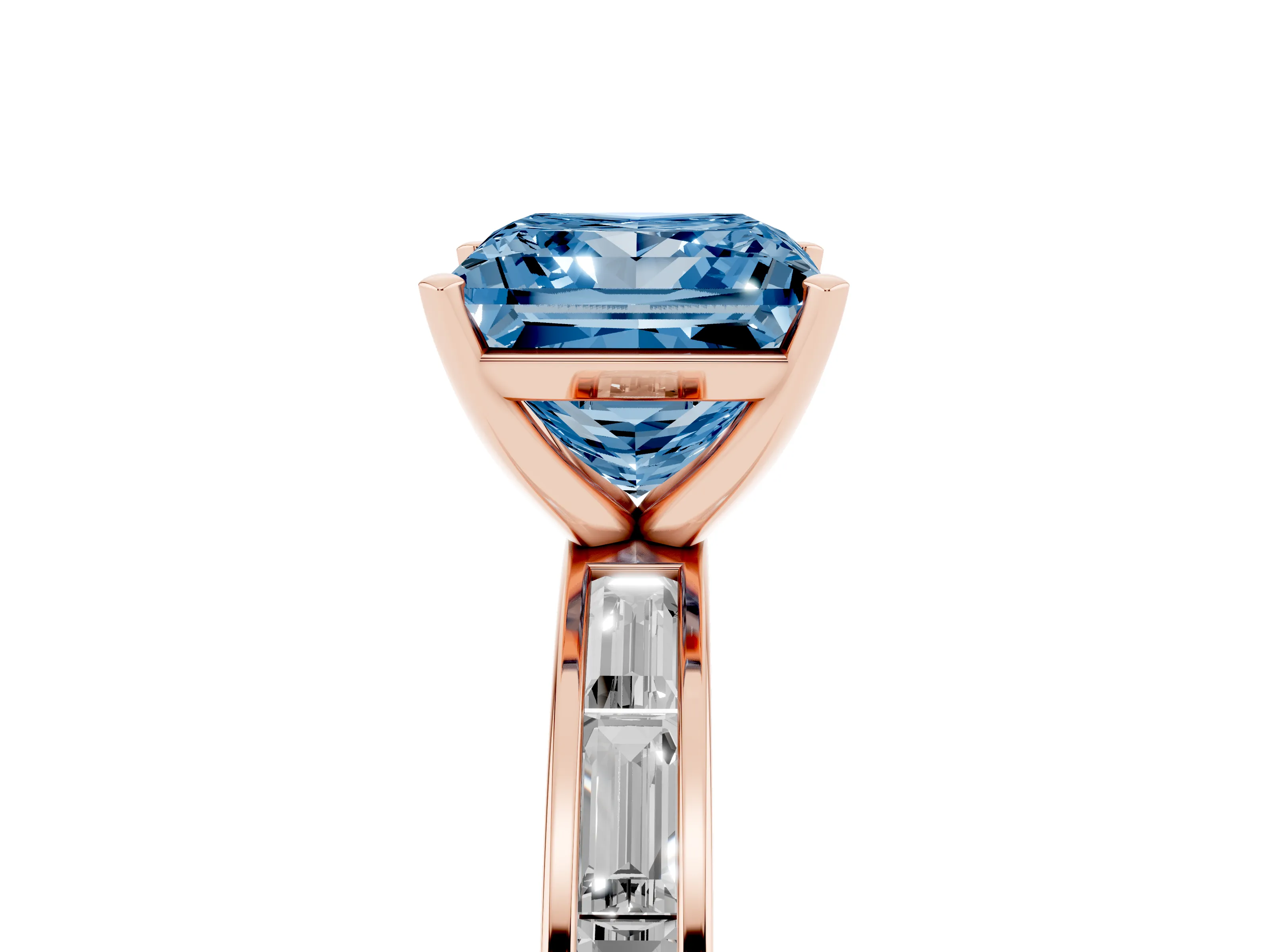 Fancy Blue Princess Cut Diamond Solitaire Ring Set in Rose gold with Channel-Set Baguette Band and Prong Setting