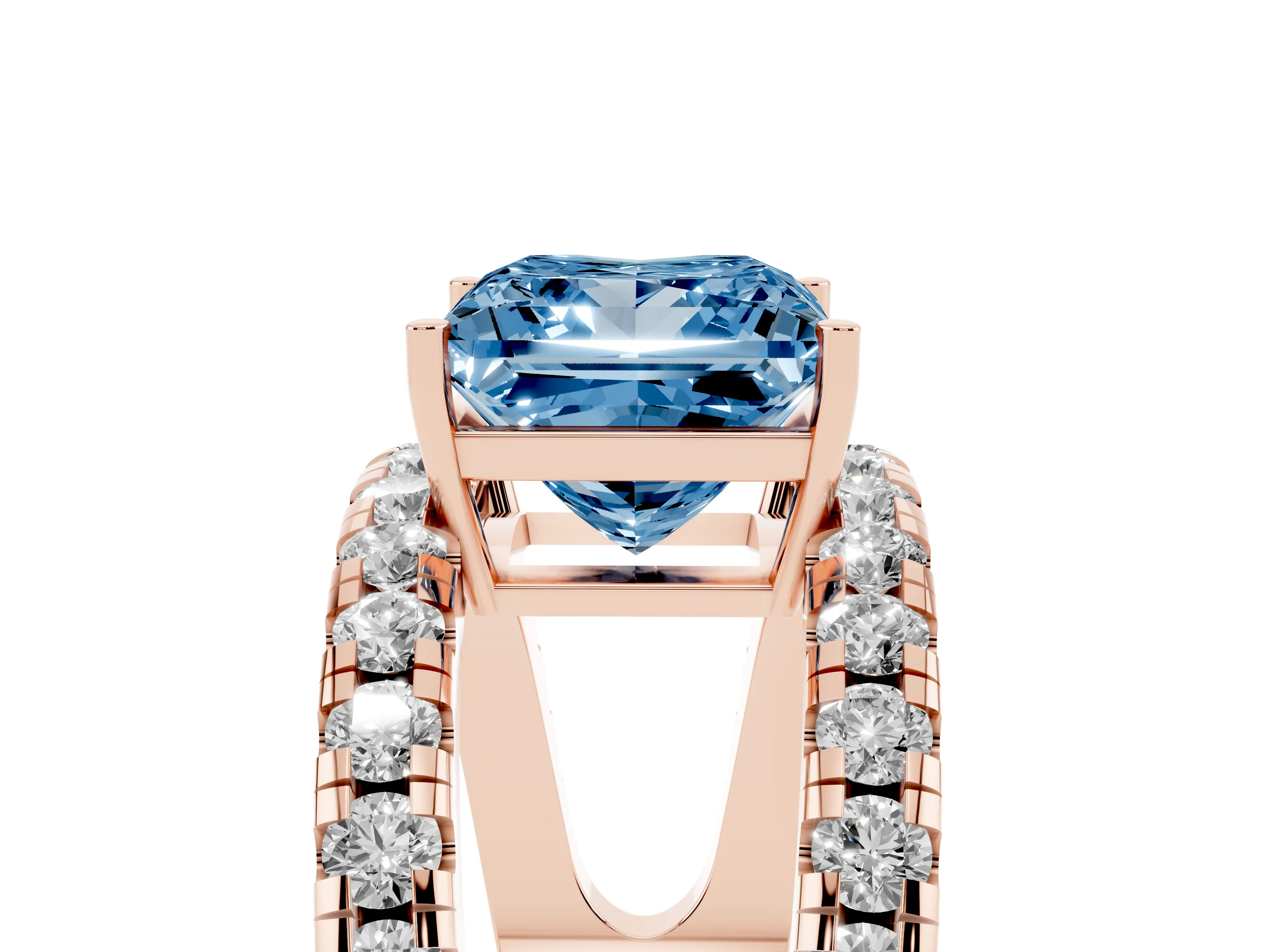 Fancy Blue Princess Cut Diamond Split Shank Pavé Solitaire Ring Set in Rose gold with Open Shank Design