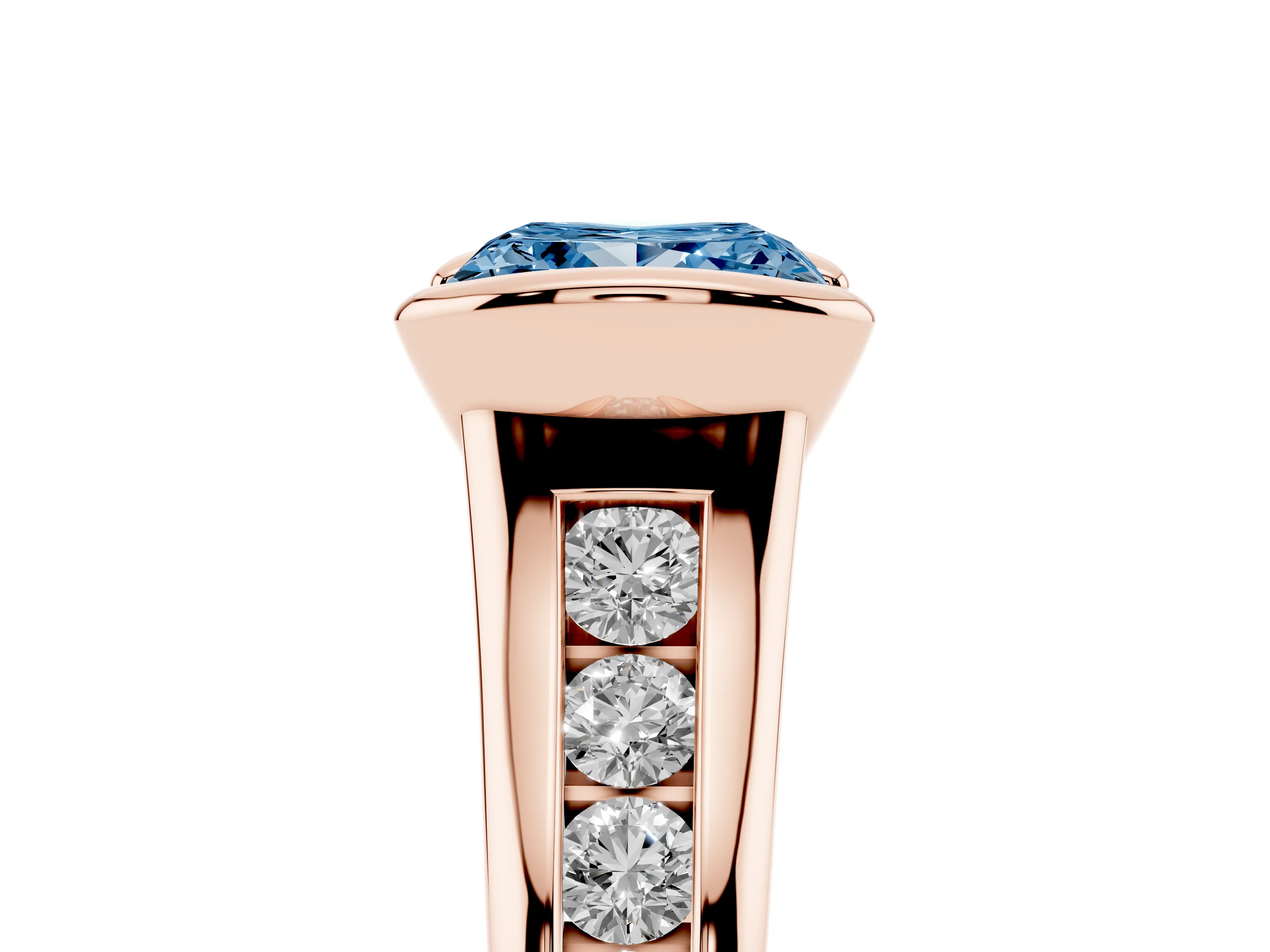 Fancy Blue Princess Cut Diamond Bezel-Set Solitaire Ring Set in Rose gold with Channel-Set Band