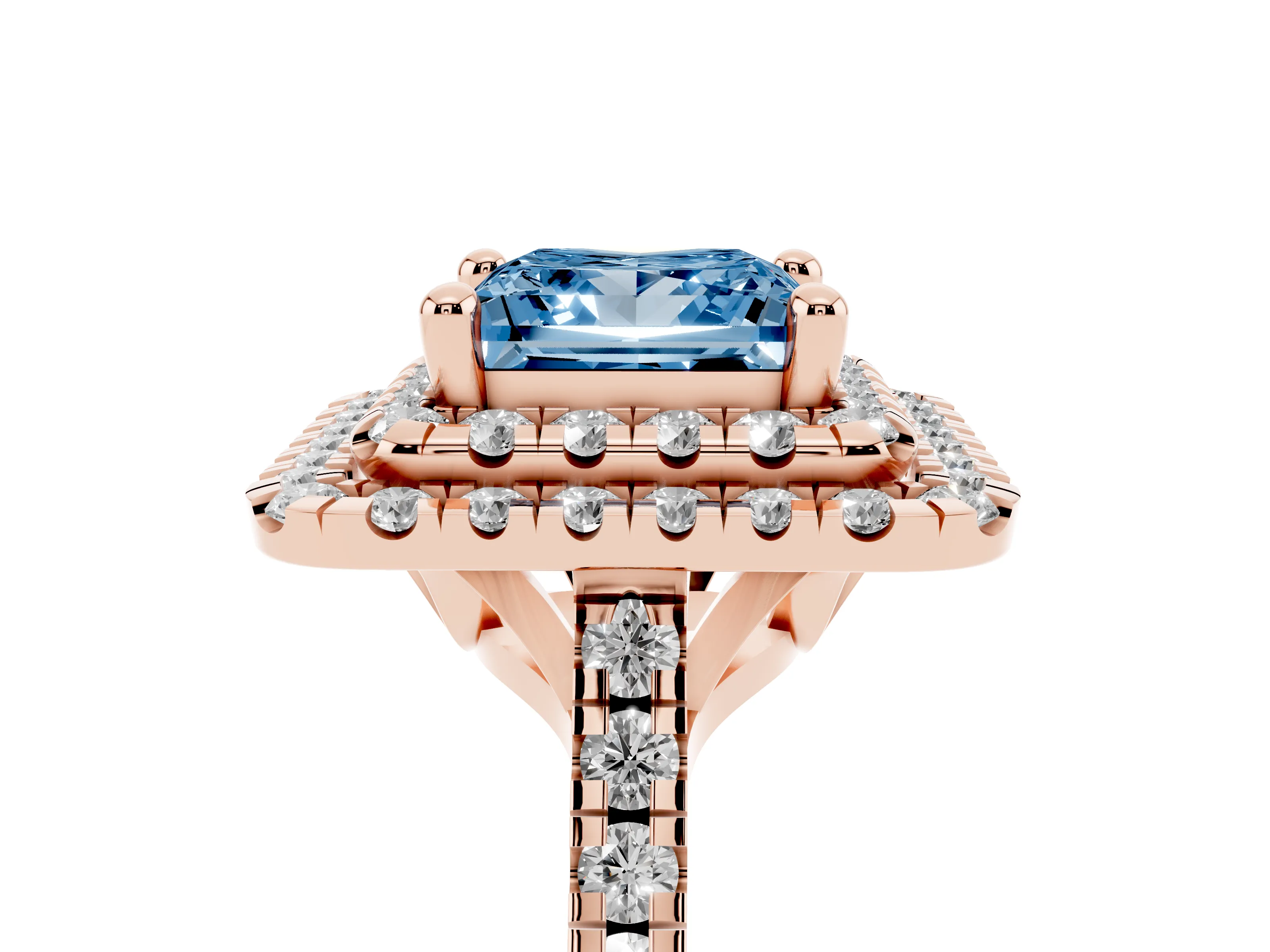 Fancy Blue Princess Cut Diamond Double Halo Statement Ring Set in Rose gold with Pavé Band