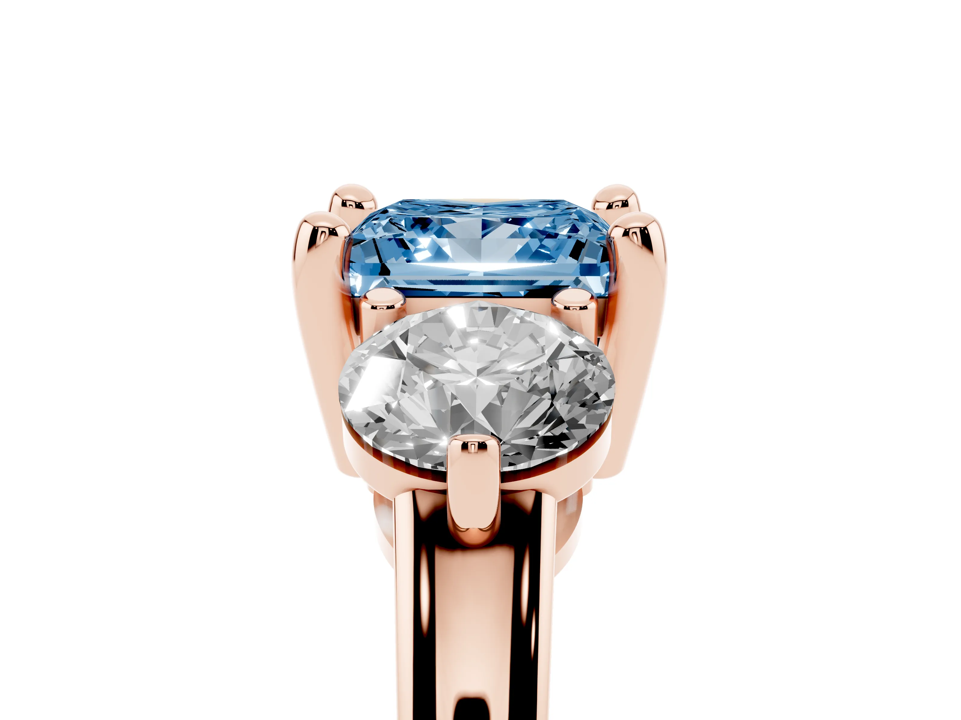 Fancy Blue Princess Cut Diamond Three-Stone Ring Set in Rose gold with Prong Setting and Classic Band