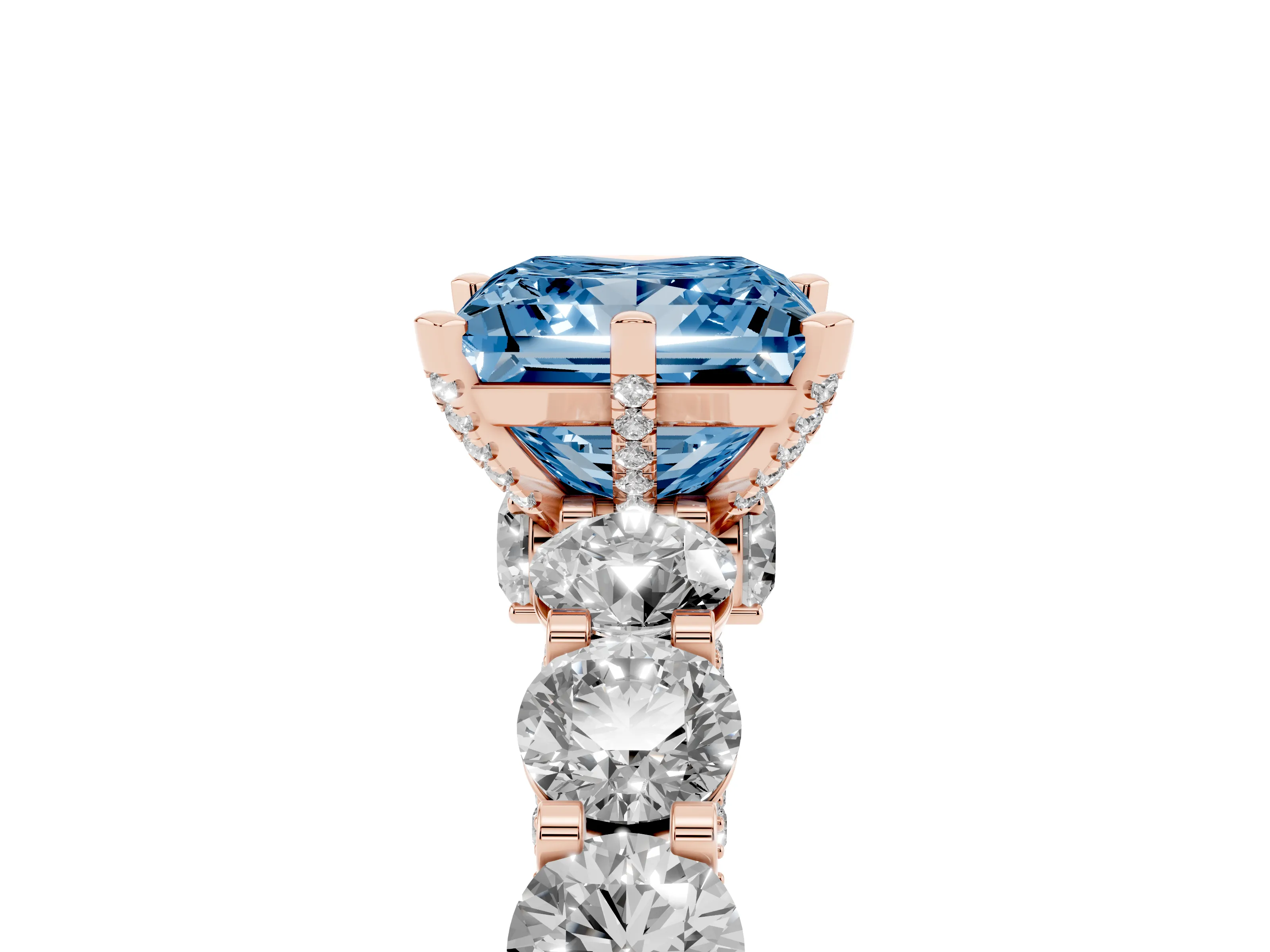 Fancy Blue Princess Cut Diamond Side Stone Ring Set in Rose gold with Alternating Round and Oval Side Stones