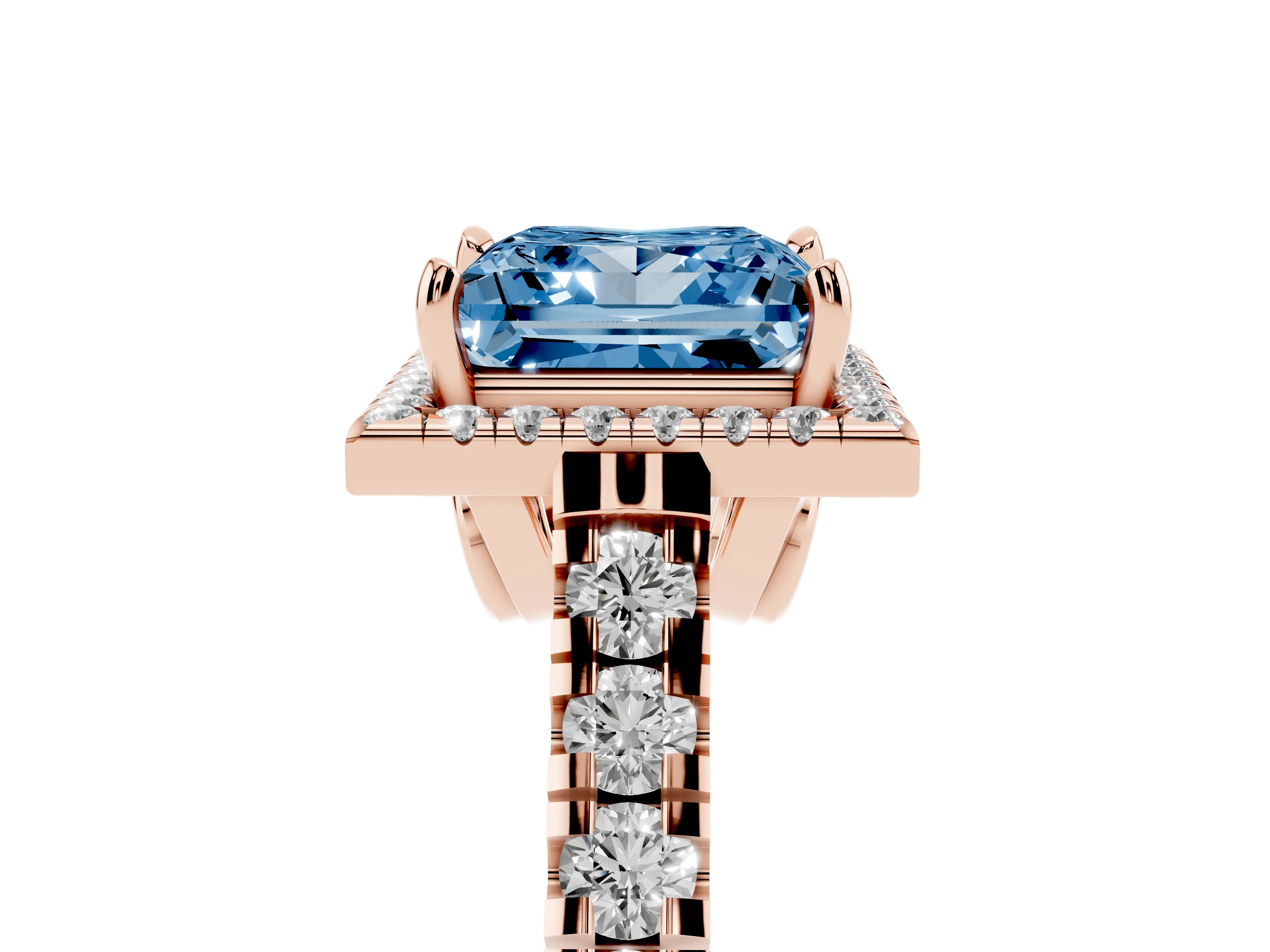 Fancy Blue Princess Cut Diamond Halo Engagement Ring Set in Rose gold with Pavé Band and Prong-Set Center