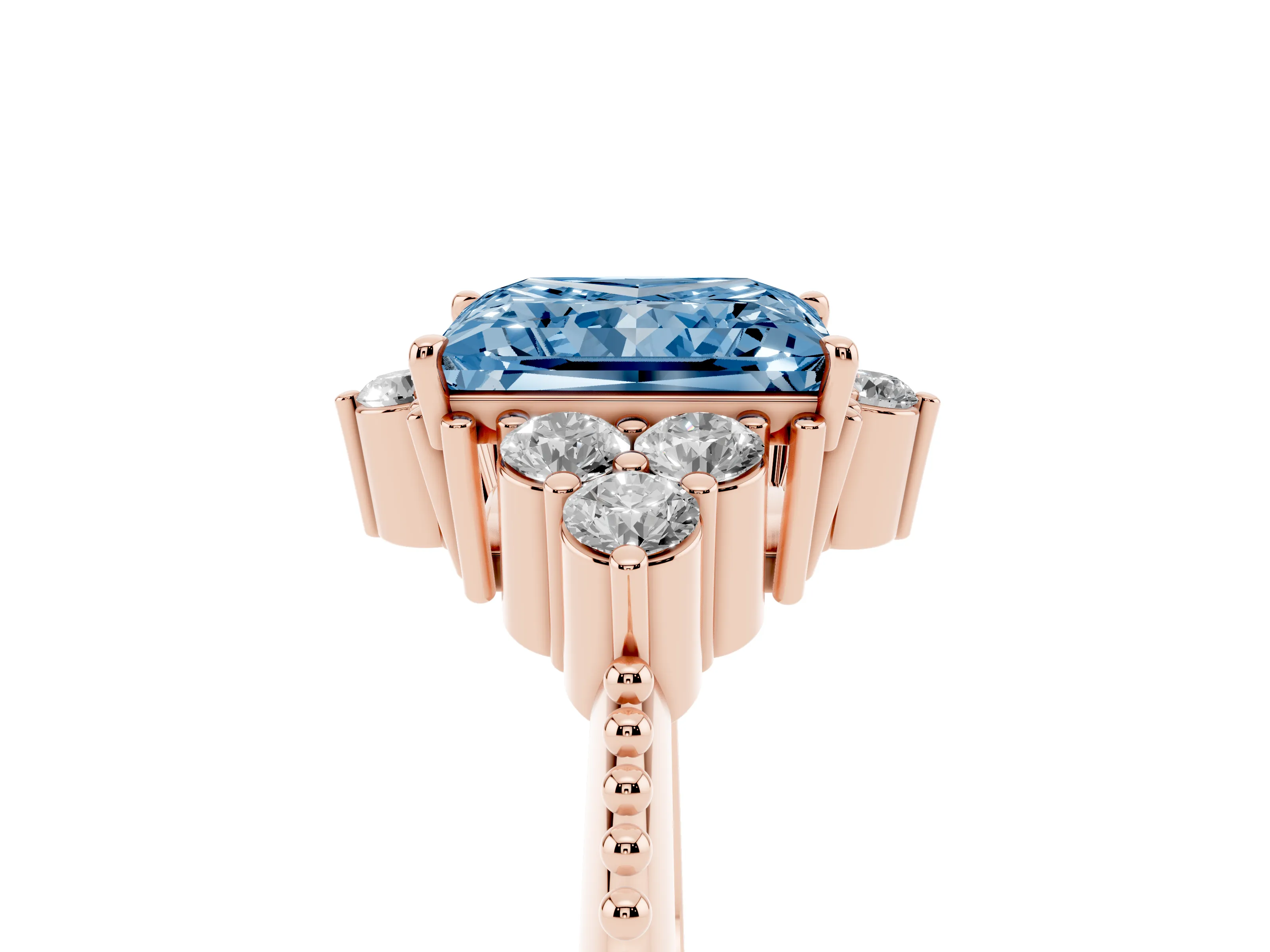 Fancy Blue Princess Cut Diamond Cluster Ring Set in Rose gold with Beaded Band