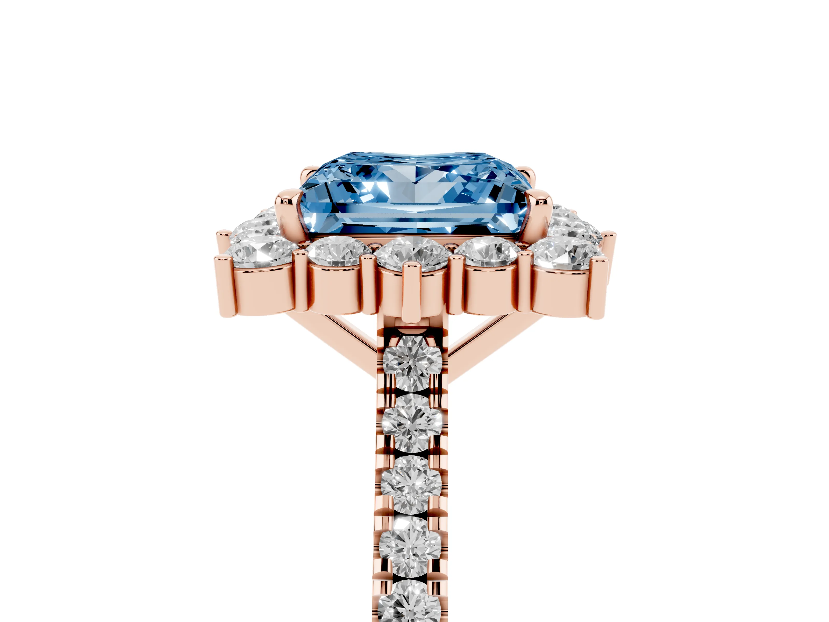 Fancy Blue Princess Cut Diamond Halo Ring Set in Rose gold with Pavé Band and Prong Setting