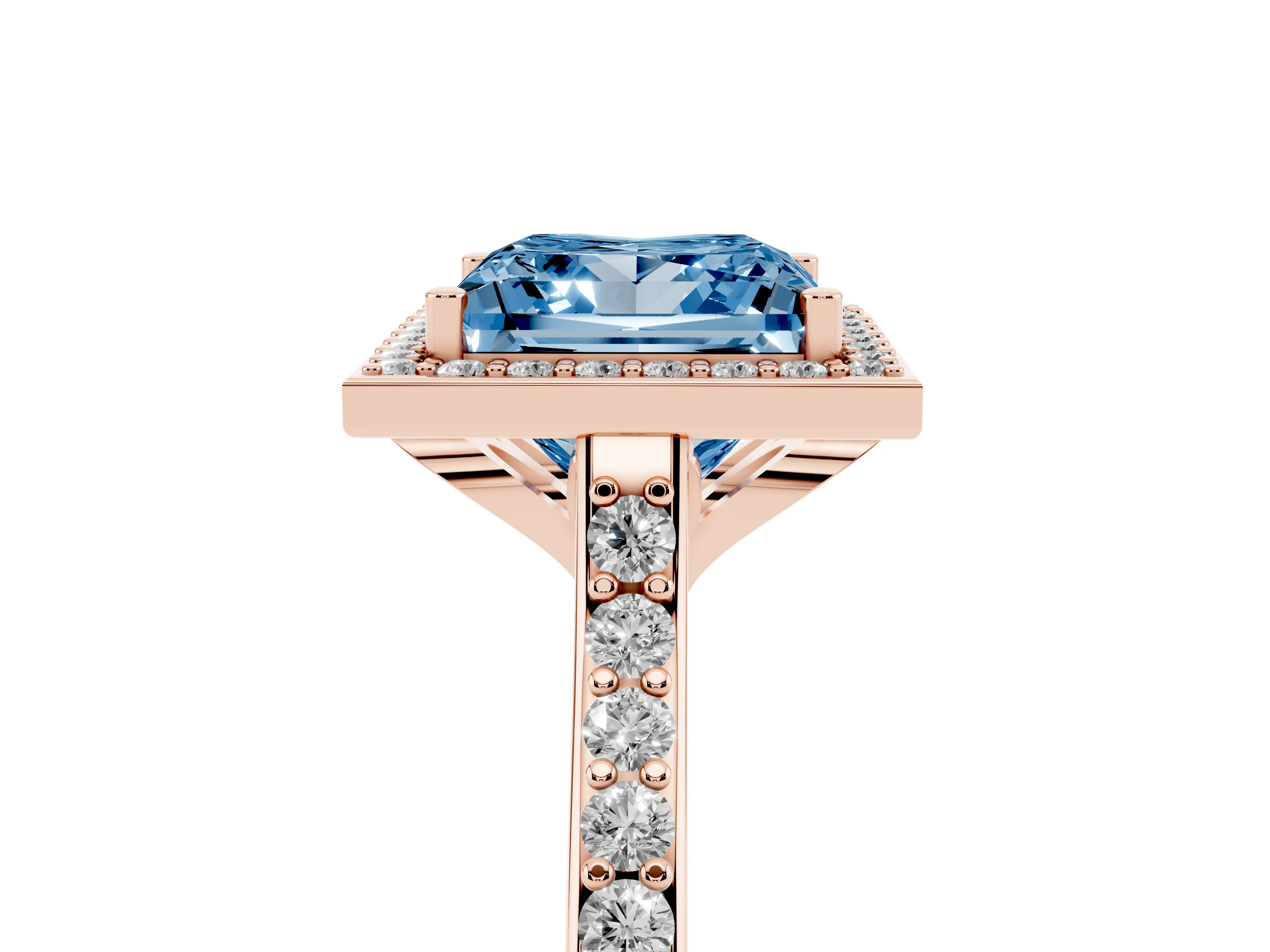 Fancy Blue Princess Cut Diamond Halo Engagement Ring Set in Rose gold with Round Pavé Shoulders and Heart Gallery