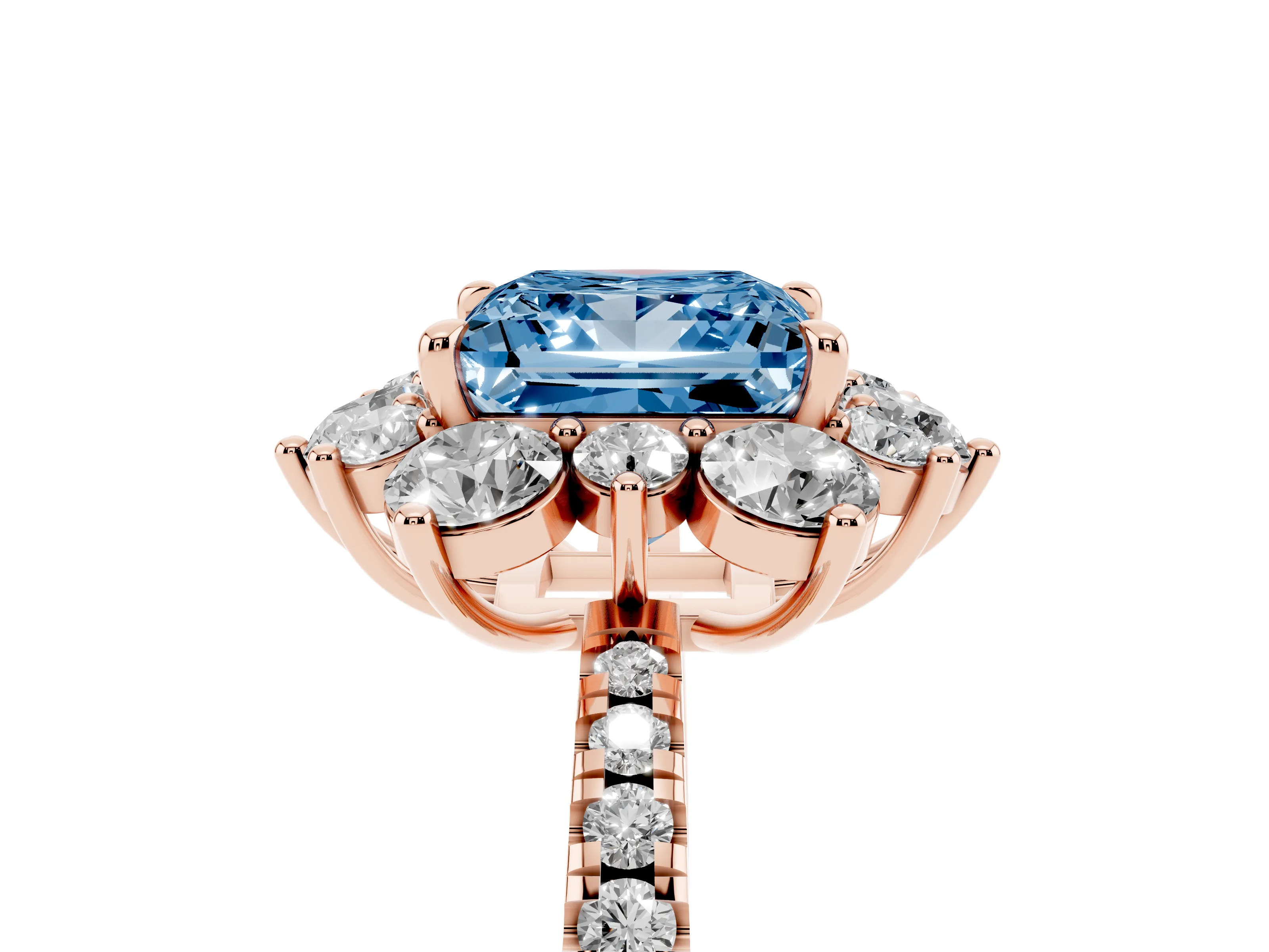 Fancy Blue Princess Cut Diamond Floral Halo Ring Set in Rose gold with Round Pavé Band and Prong Setting
