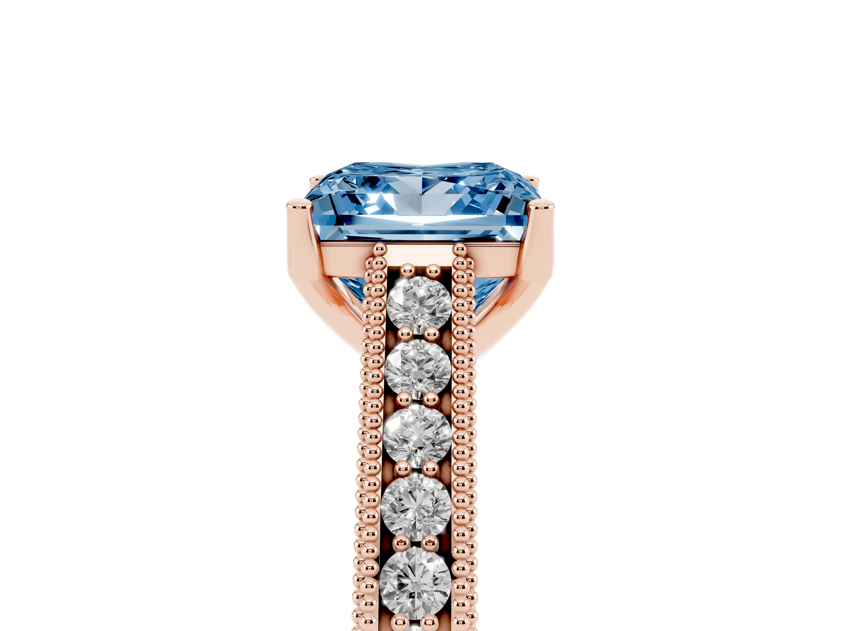 Fancy Blue Princess Cut Diamond Milgrain Pavé Band Solitaire Ring Set in Rose gold with Prong Setting