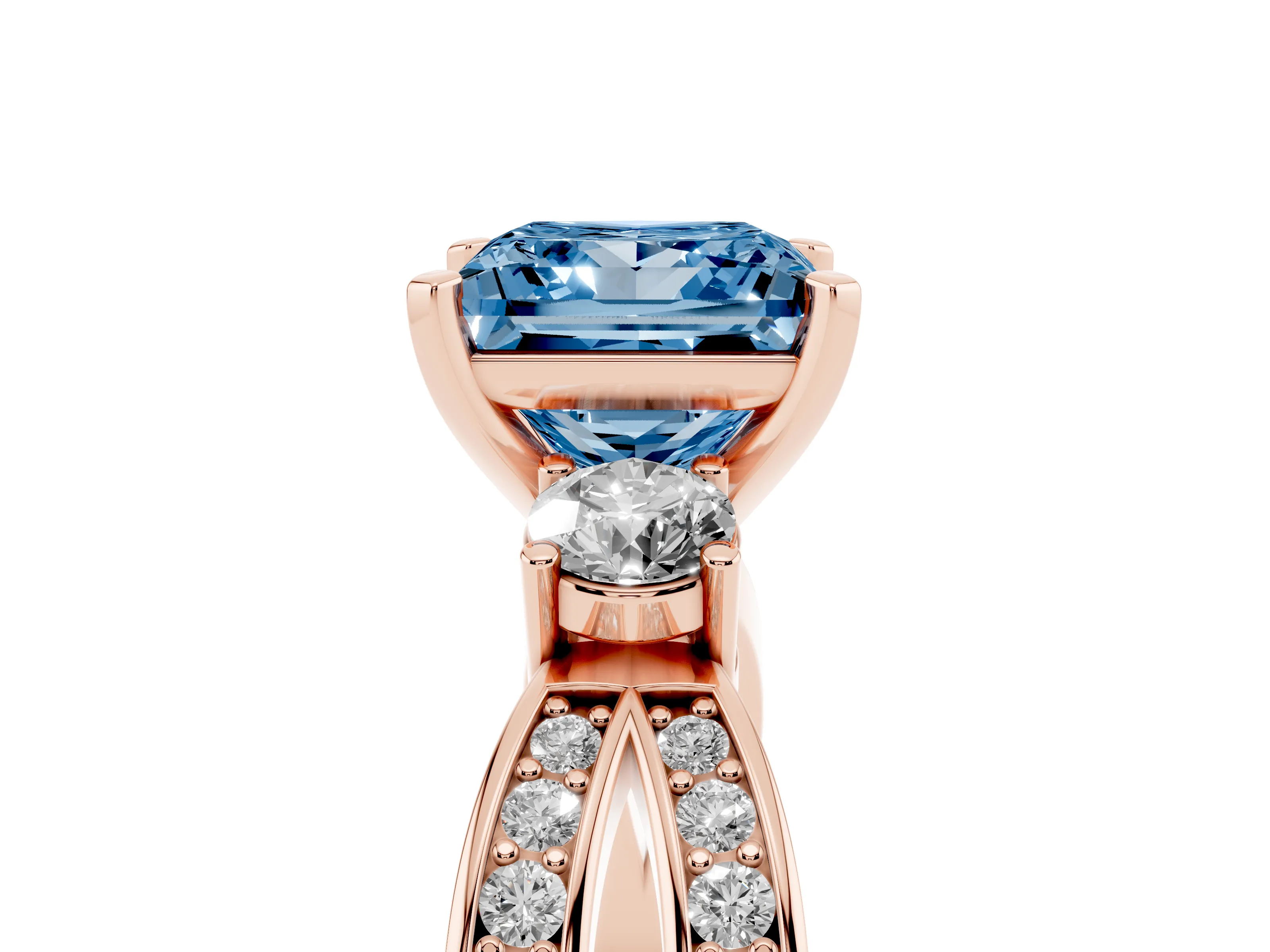 Fancy Blue Three-Stone Princess Cut Diamond Twist Band Ring Set in Rose gold with Pavé Accents and Prong Setting