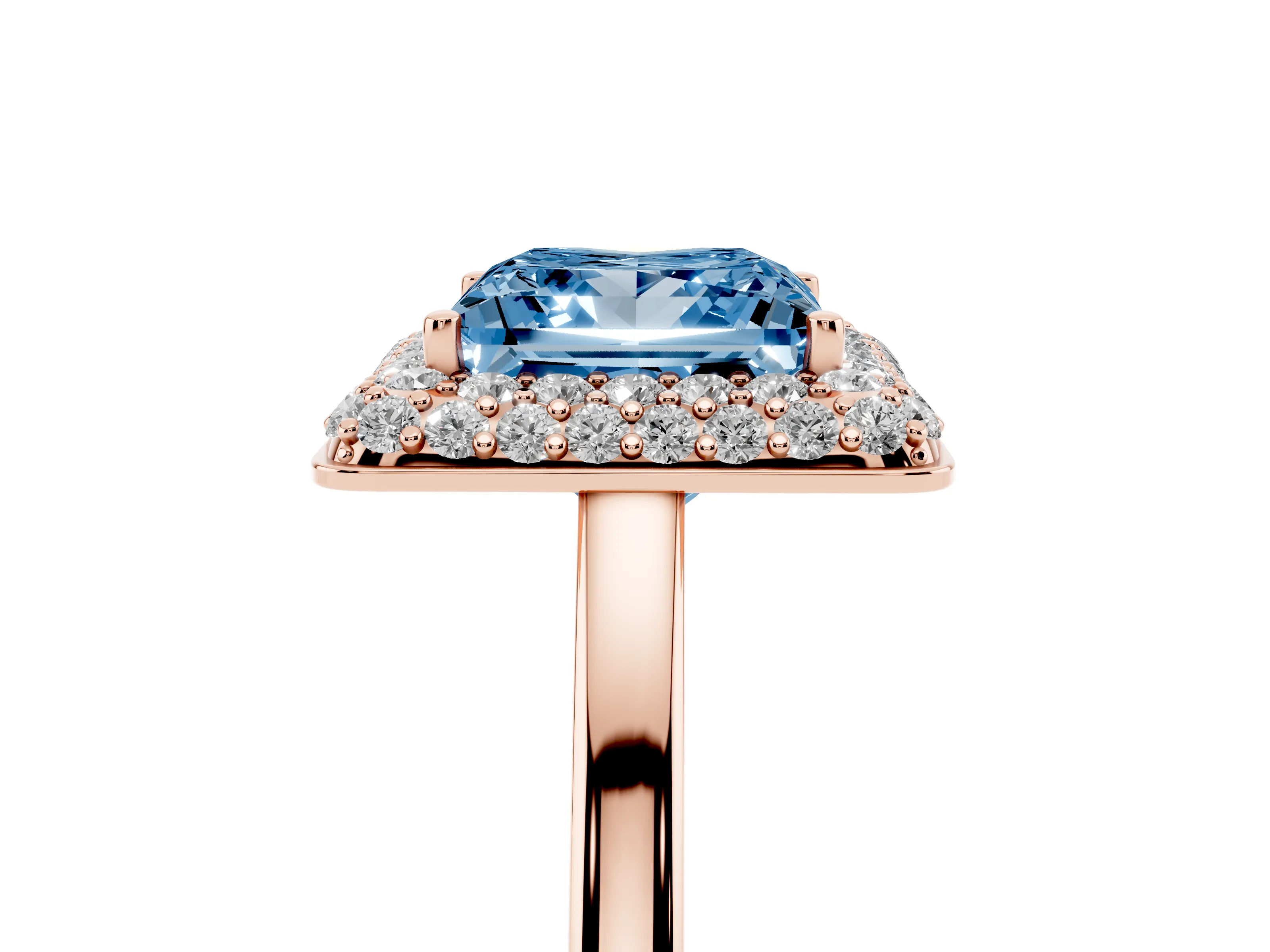 Fancy Blue Princess Cut Diamond Halo Engagement Ring Set in Rose gold with Solitaire Band and Prong Setting