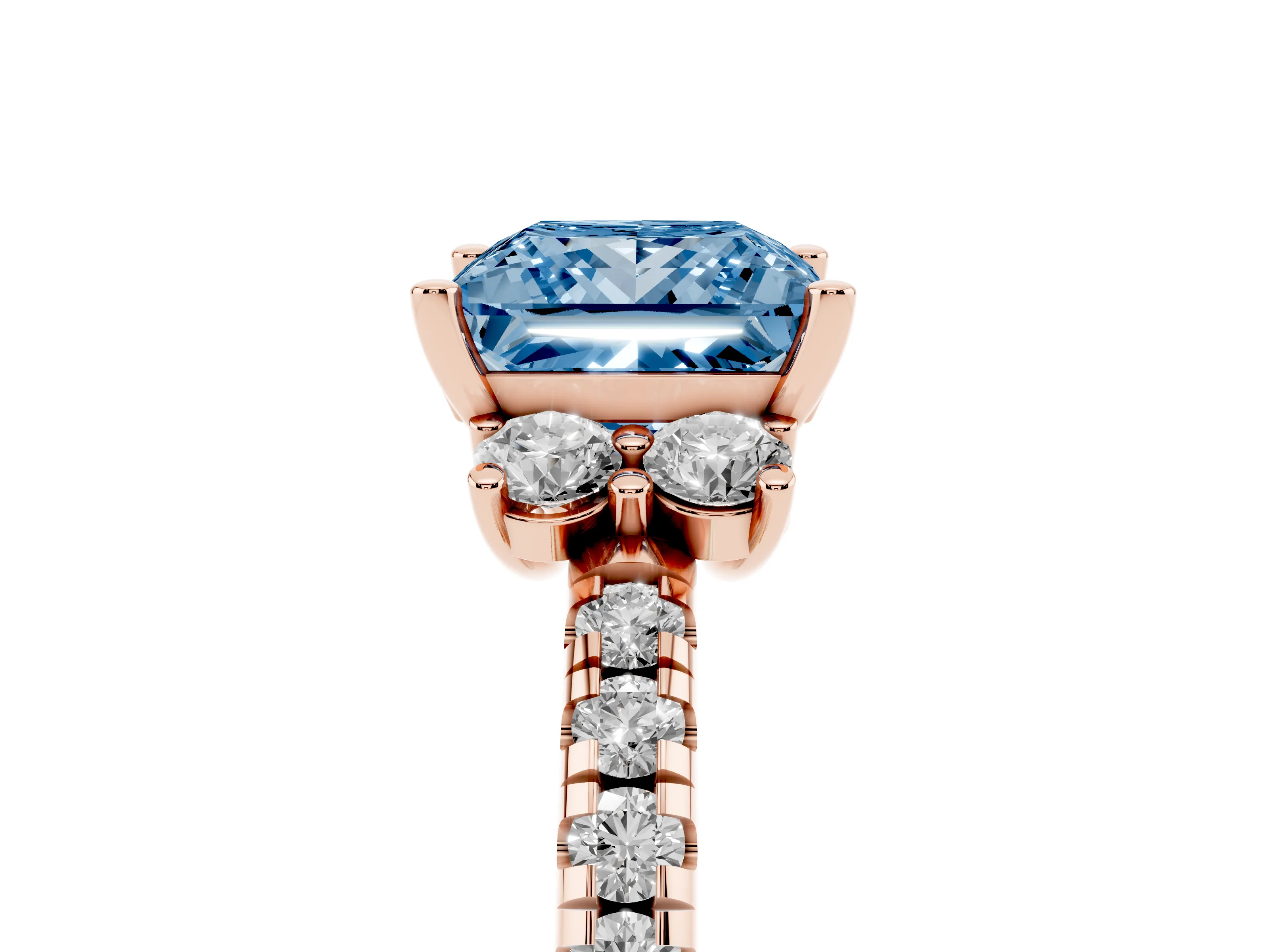 Fancy Blue Princess Cut Diamond Three-Stone Pavé Ring Set in Rose gold with Prong Setting
