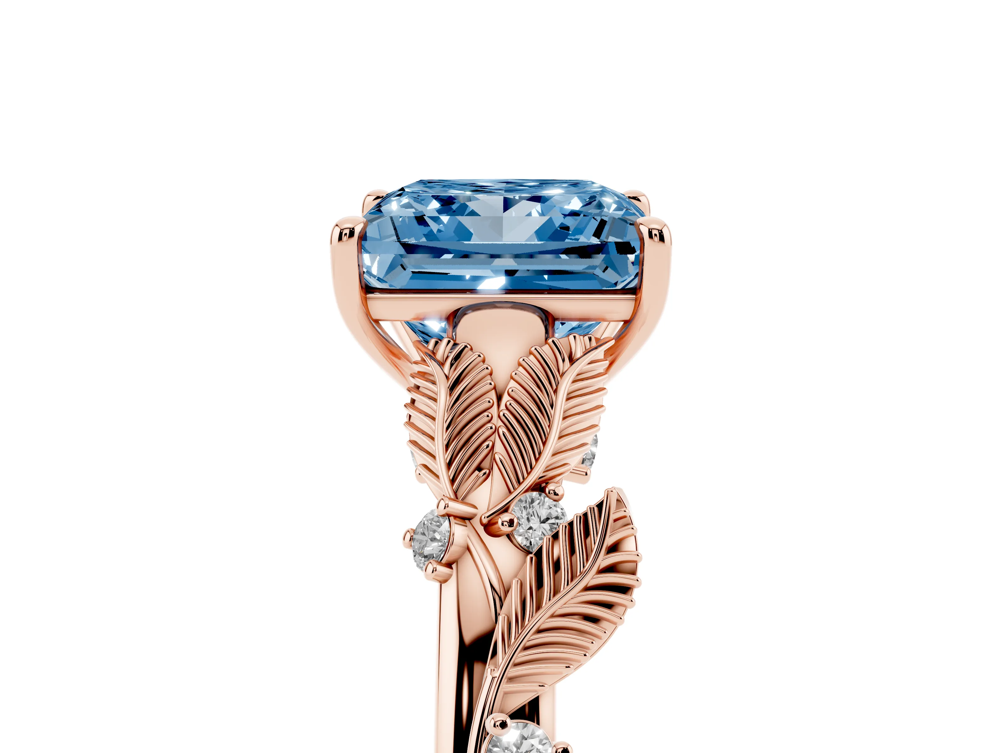 Fancy Blue Princess Cut Diamond Solitaire Ring Set in Rose gold with Leaf Motif Band