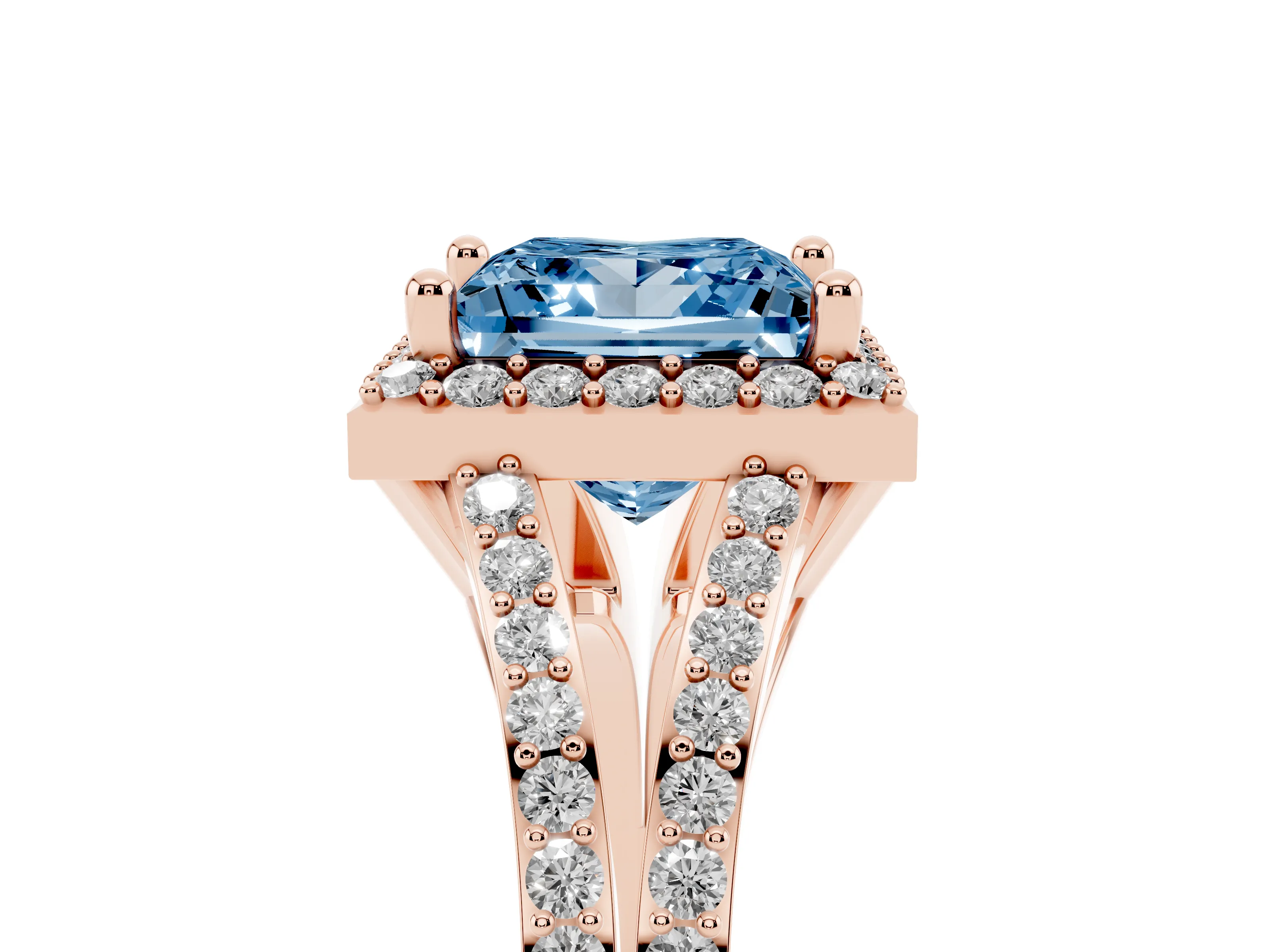 Fancy Blue Princess Cut Diamond Halo Split Shank Pavé Ring Set in Rose gold with Prong Setting