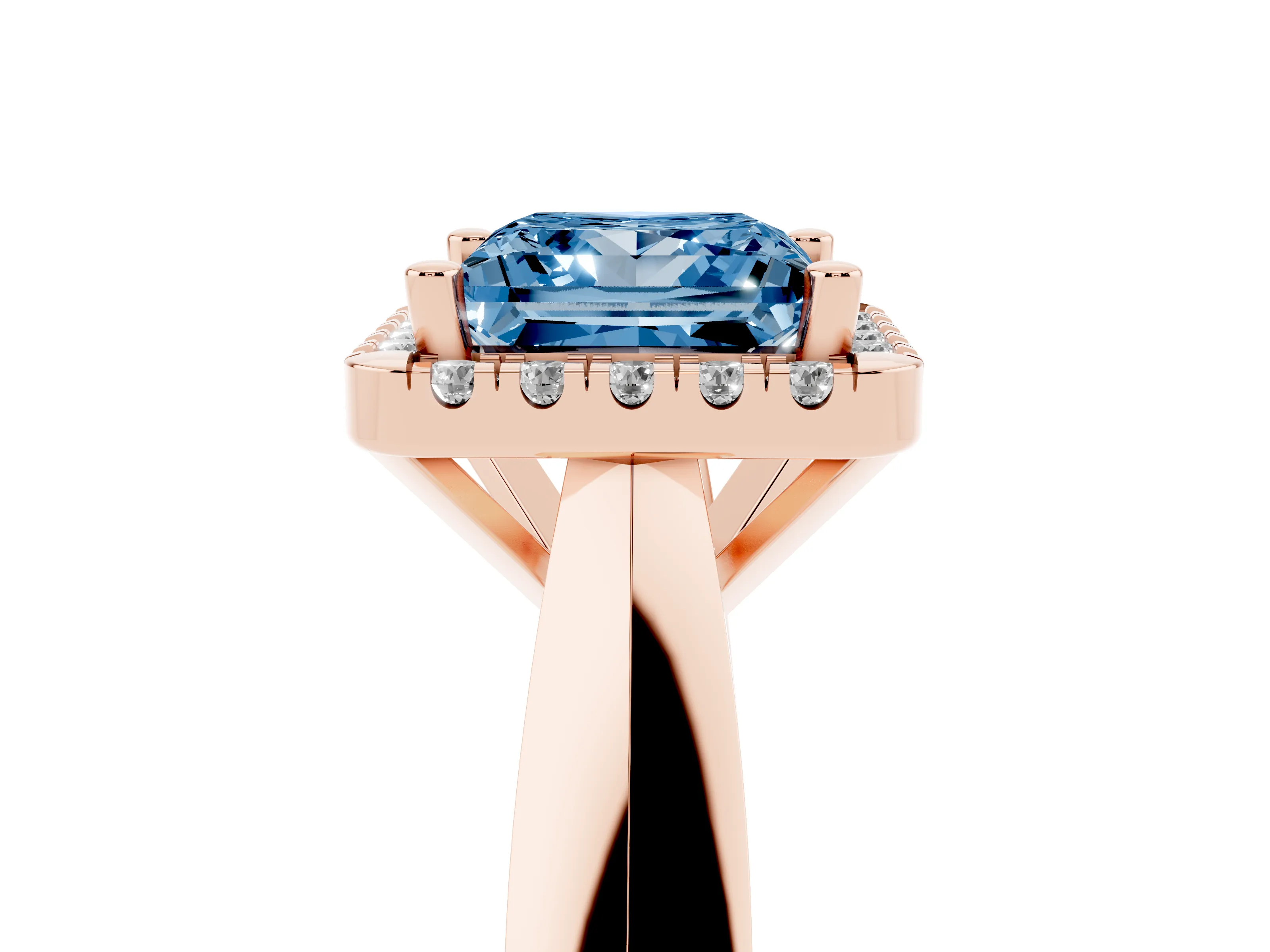 Fancy Blue Princess Cut Diamond Halo Solitaire Engagement Ring Set in Rose gold with Square Band and Prong Setting