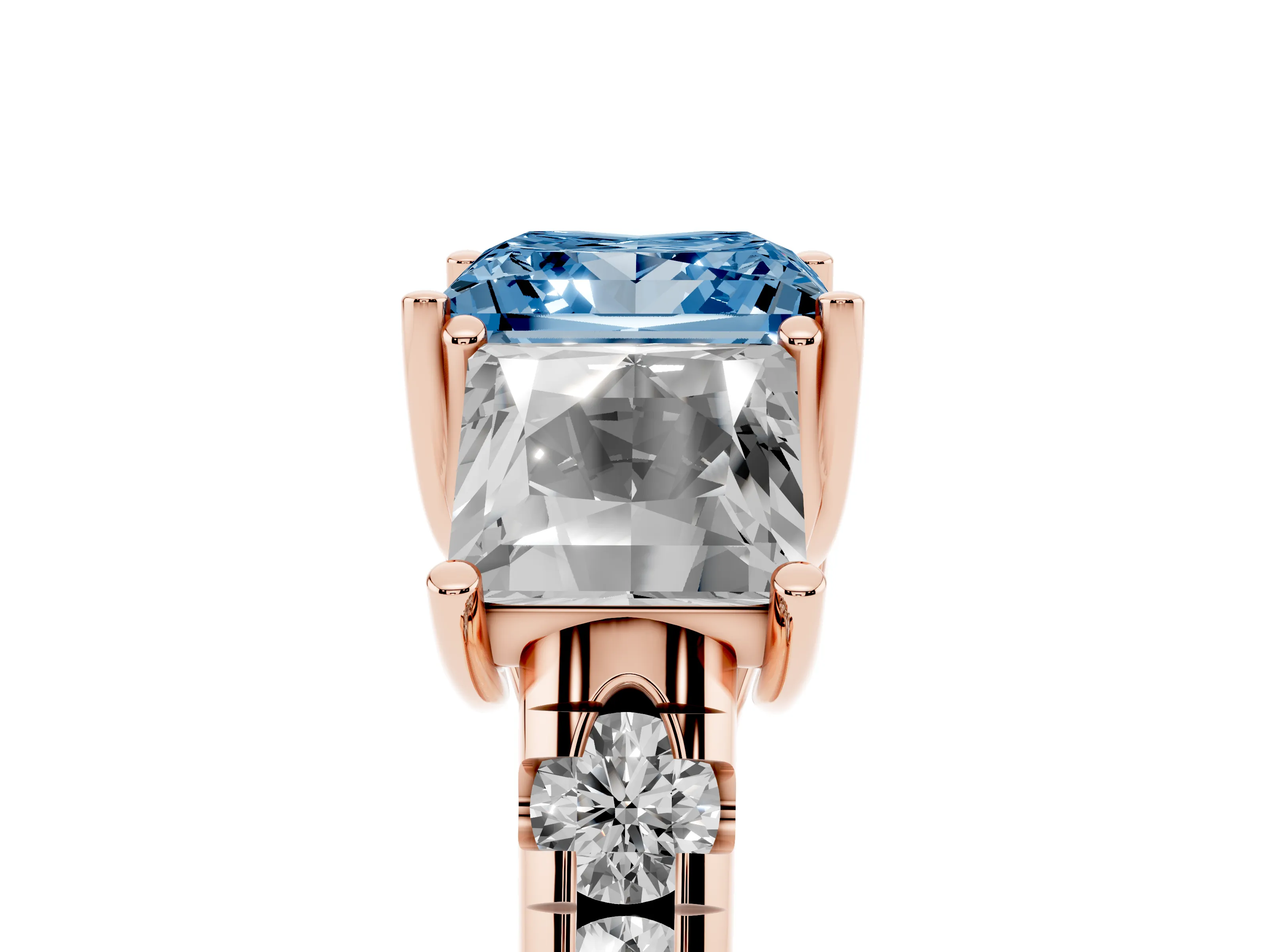 Fancy Blue Princess Cut Diamond Three-Stone Ring Set in Rose gold with Pavé Band