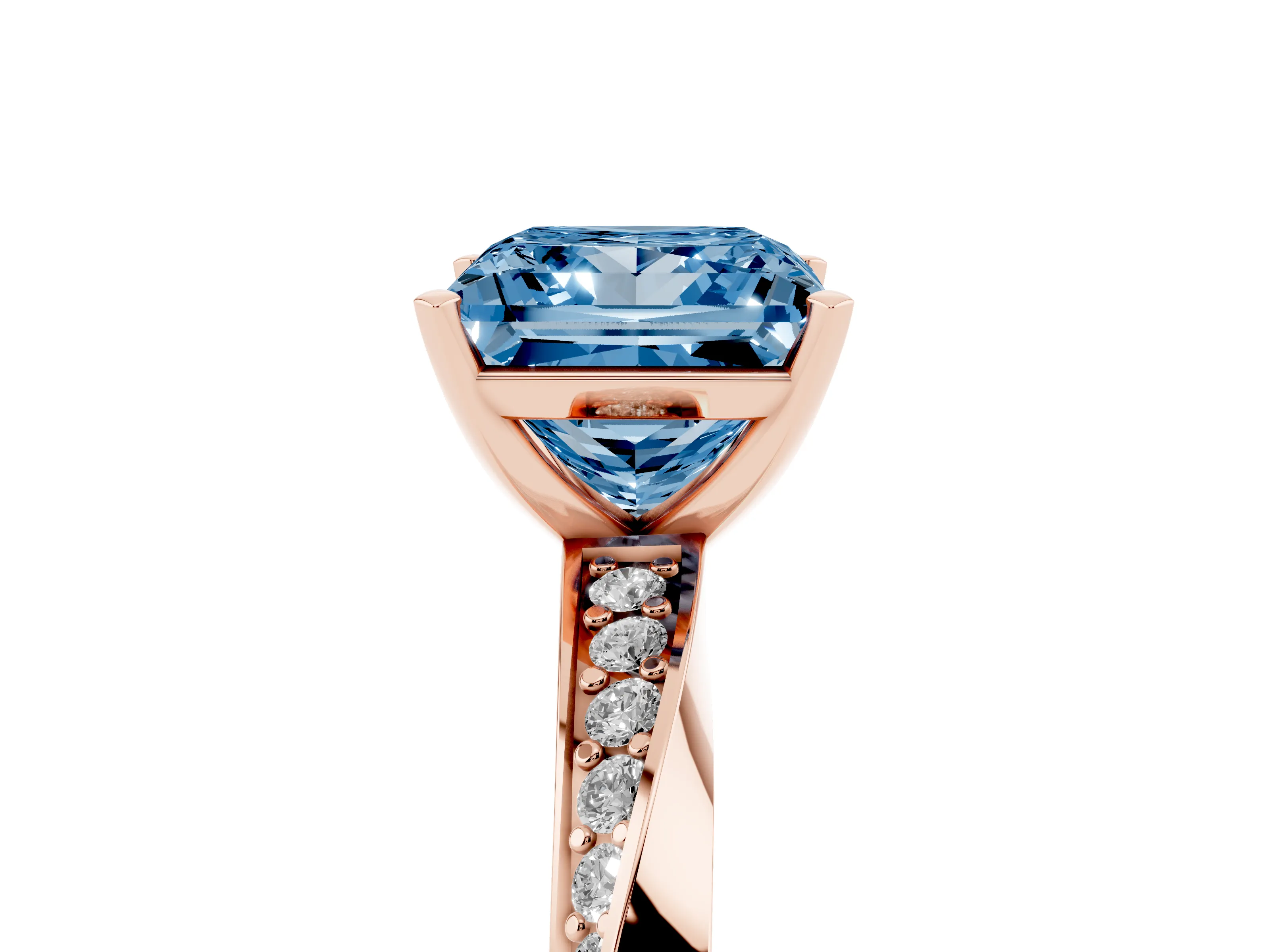 Fancy Blue Princess Cut Diamond Engagement Ring Set in Rose gold with Side Stone Accents and Prong Setting