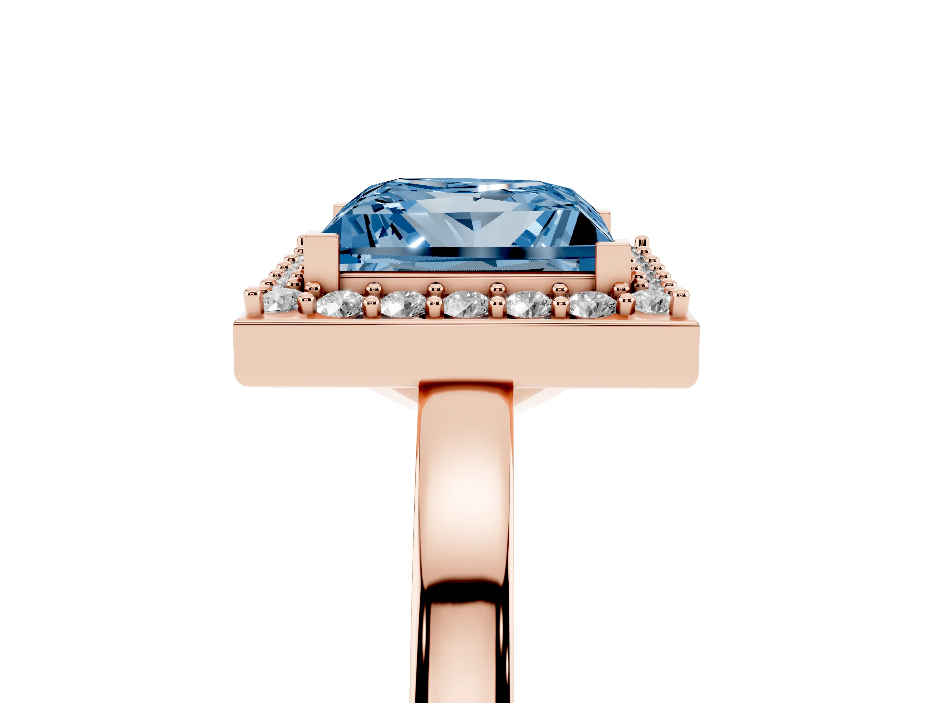 Fancy Blue Princess Cut Diamond Halo Ring Set in Rose gold with Solitaire Band and Prong Setting