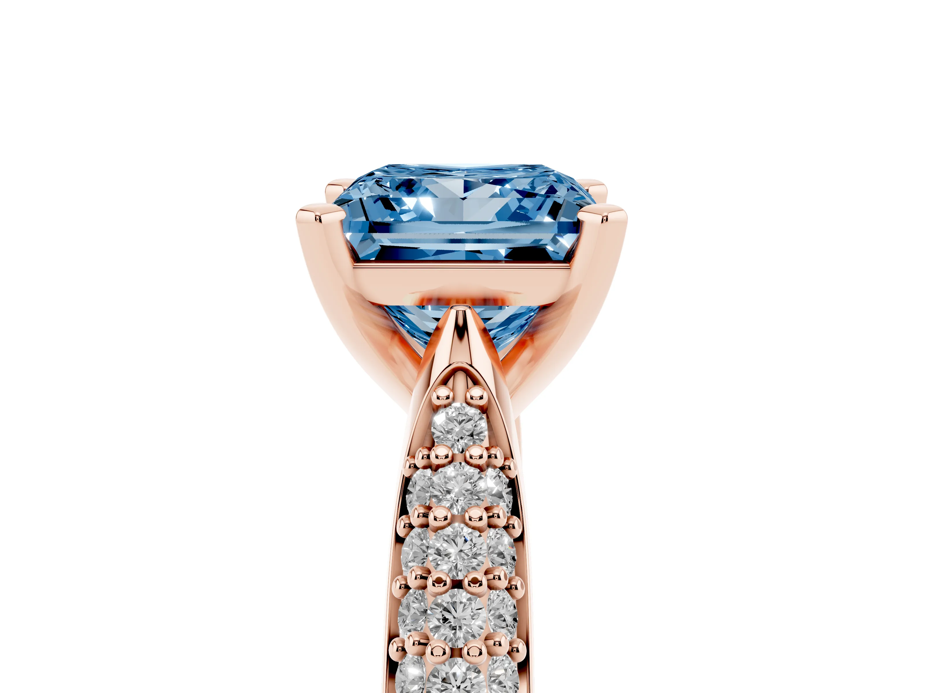 Fancy Blue Princess Cut Diamond Solitaire Engagement Ring Set in Rose gold with Multi-Row Round Pavé Band and Prong Setting