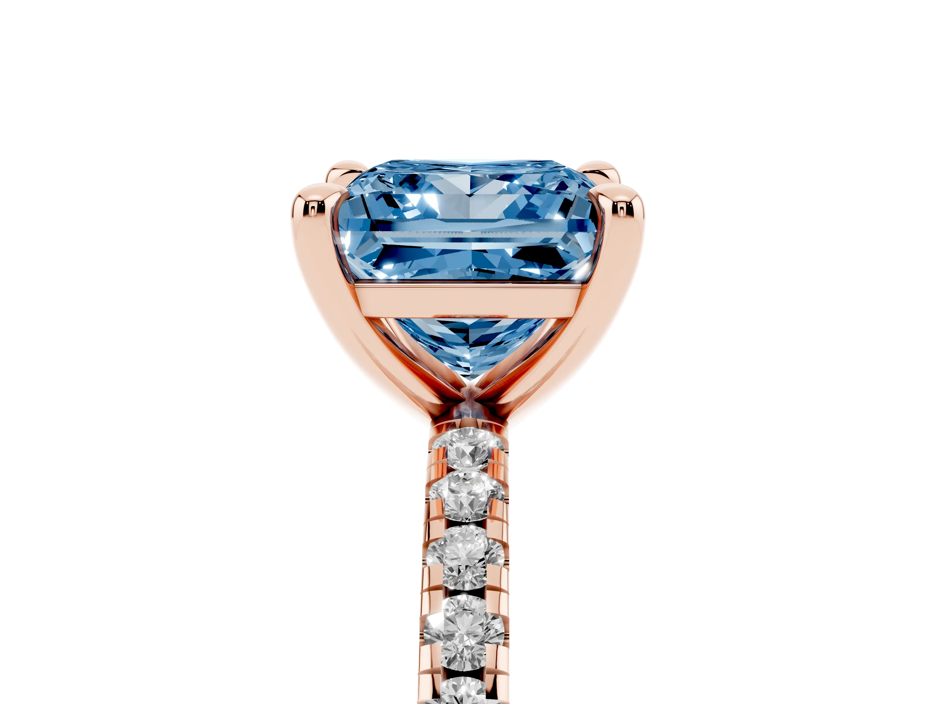 Fancy Blue Princess Cut Diamond Brilliant Solitaire Ring Set in Rose gold with Pavé Band and Prong Setting