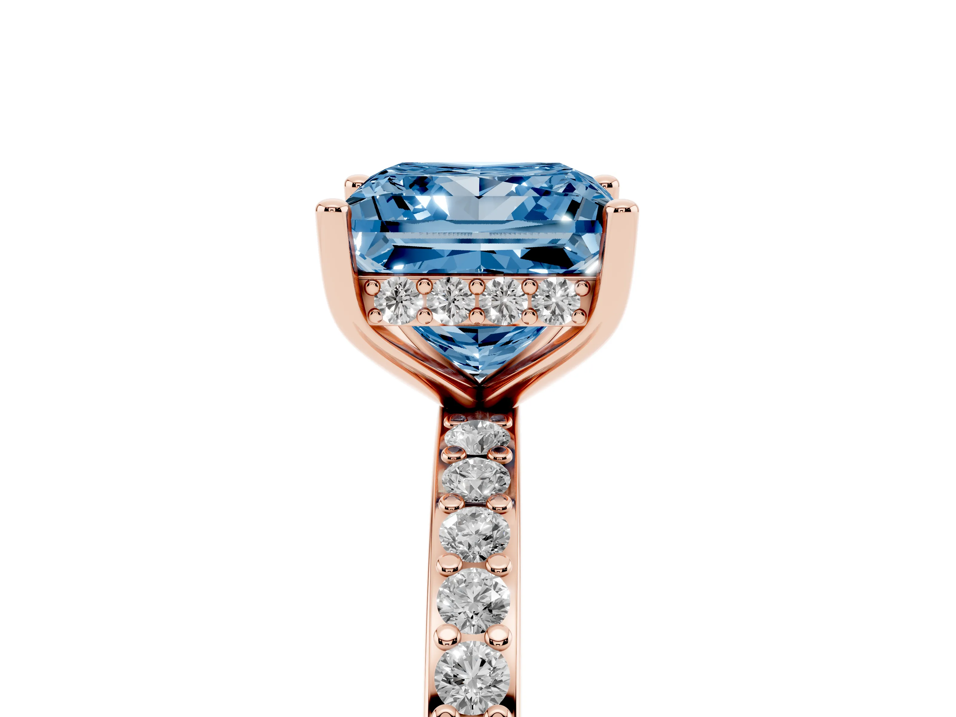 Fancy Blue Princess Cut Diamond Pavé Band Ring Set in Rose gold with Prong-Set Center Stone