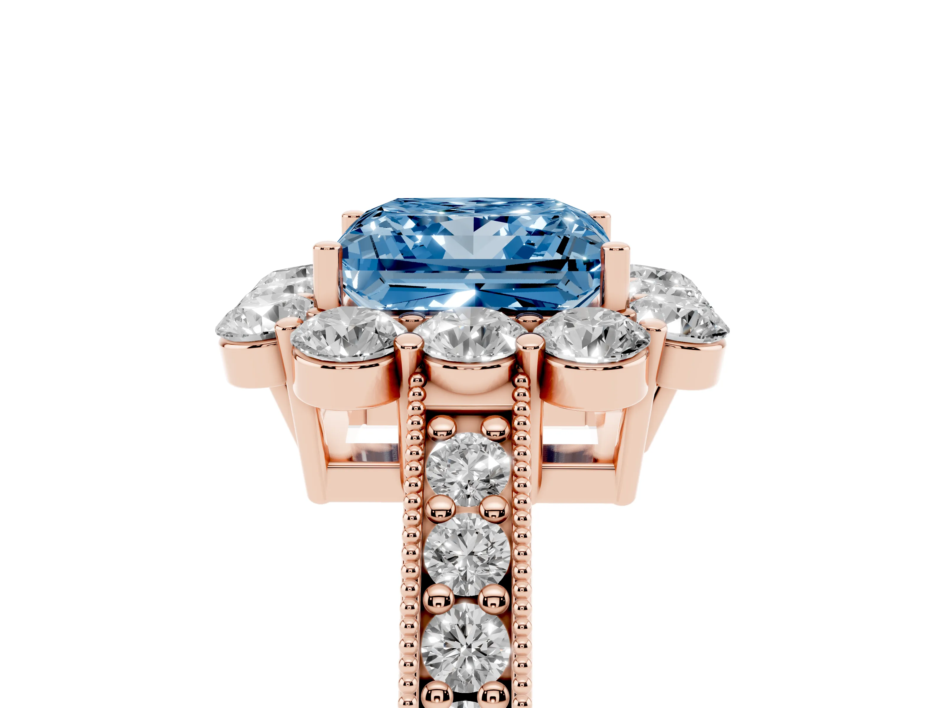 Fancy Blue Princess Cut Diamond Halo Pavé Engagement Ring Set in Rose gold with Milgrain Detailing