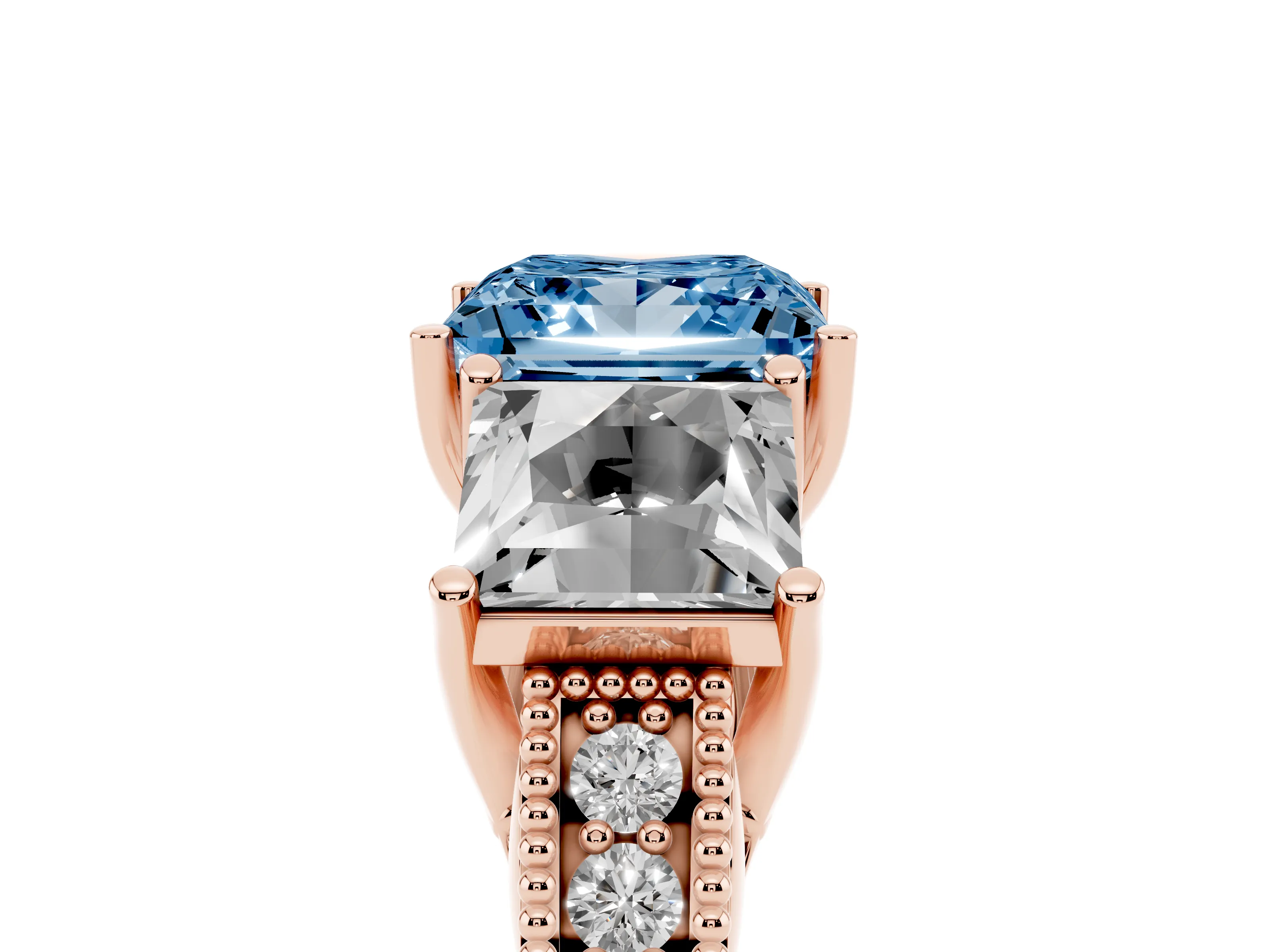 Fancy Blue Princess Cut Diamond Three-Stone Engagement Ring Set in Rose gold with Milgrain Pavé Band