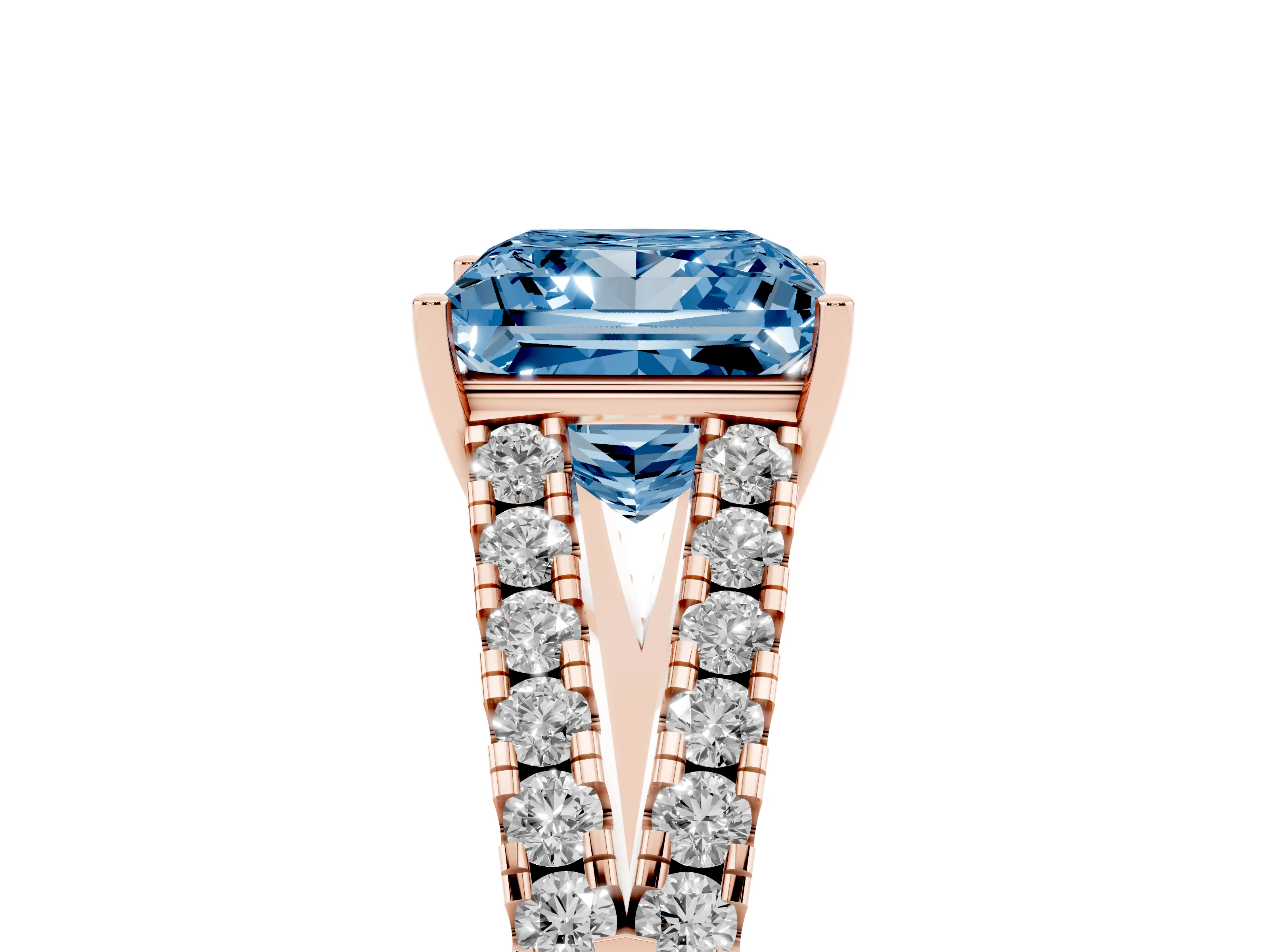Fancy Blue Princess Cut Diamond Split Shank Pavé Engagement Ring Set in Rose gold with Prong-Held Center Stone