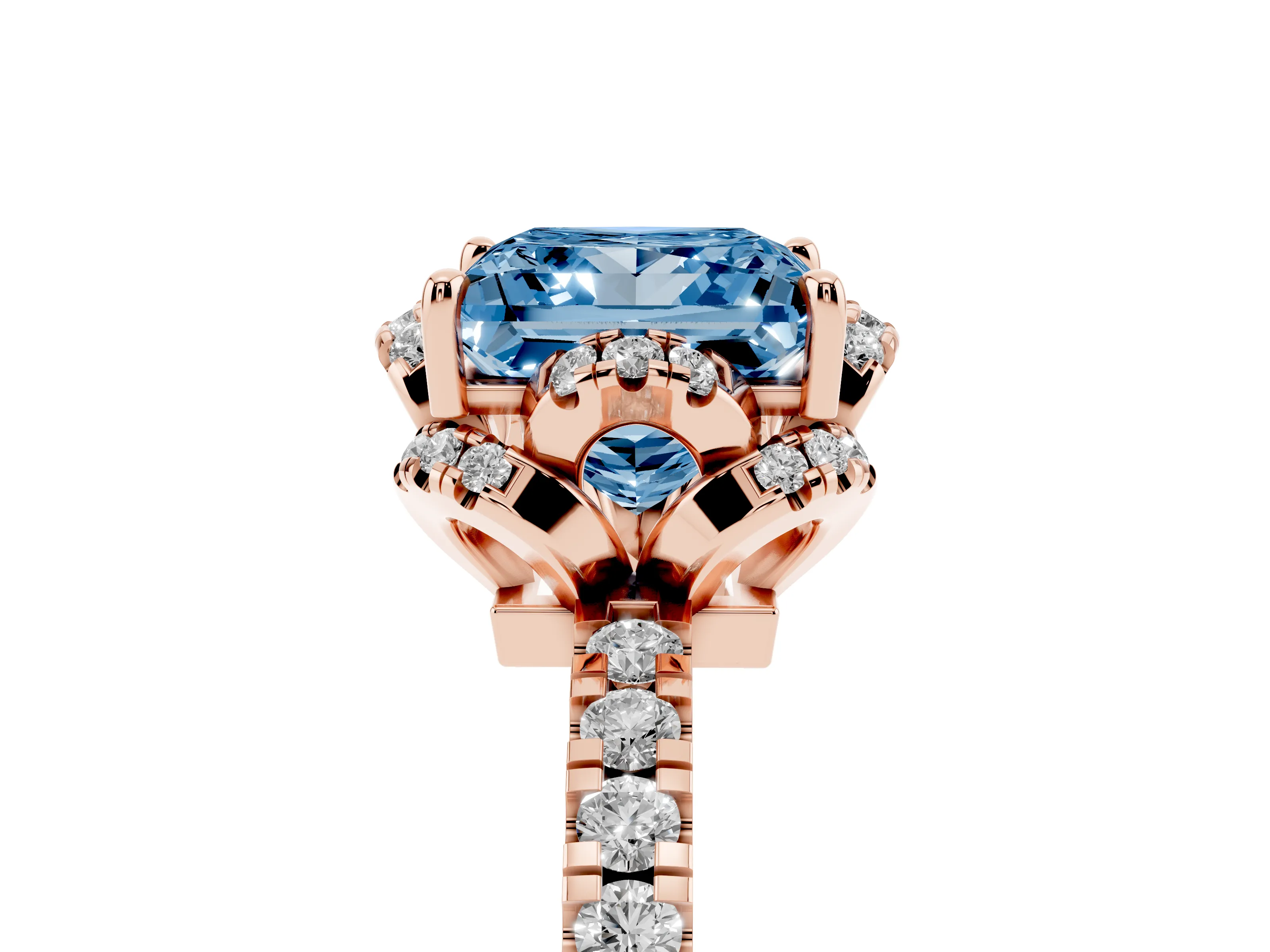 Fancy Blue Princess Cut Diamond Halo Pavé Band Ring Set in Rose gold with Prong-Held Center