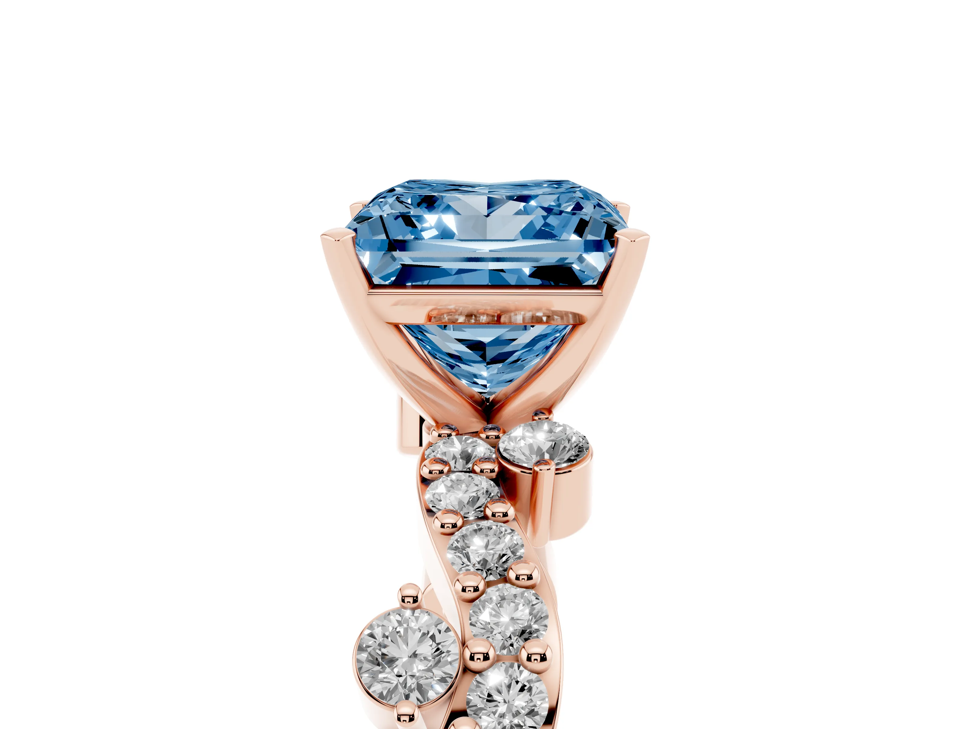 Fancy Blue Princess Cut Diamond Solitaire Twisted Band Set in Rose gold with Pavé Setting