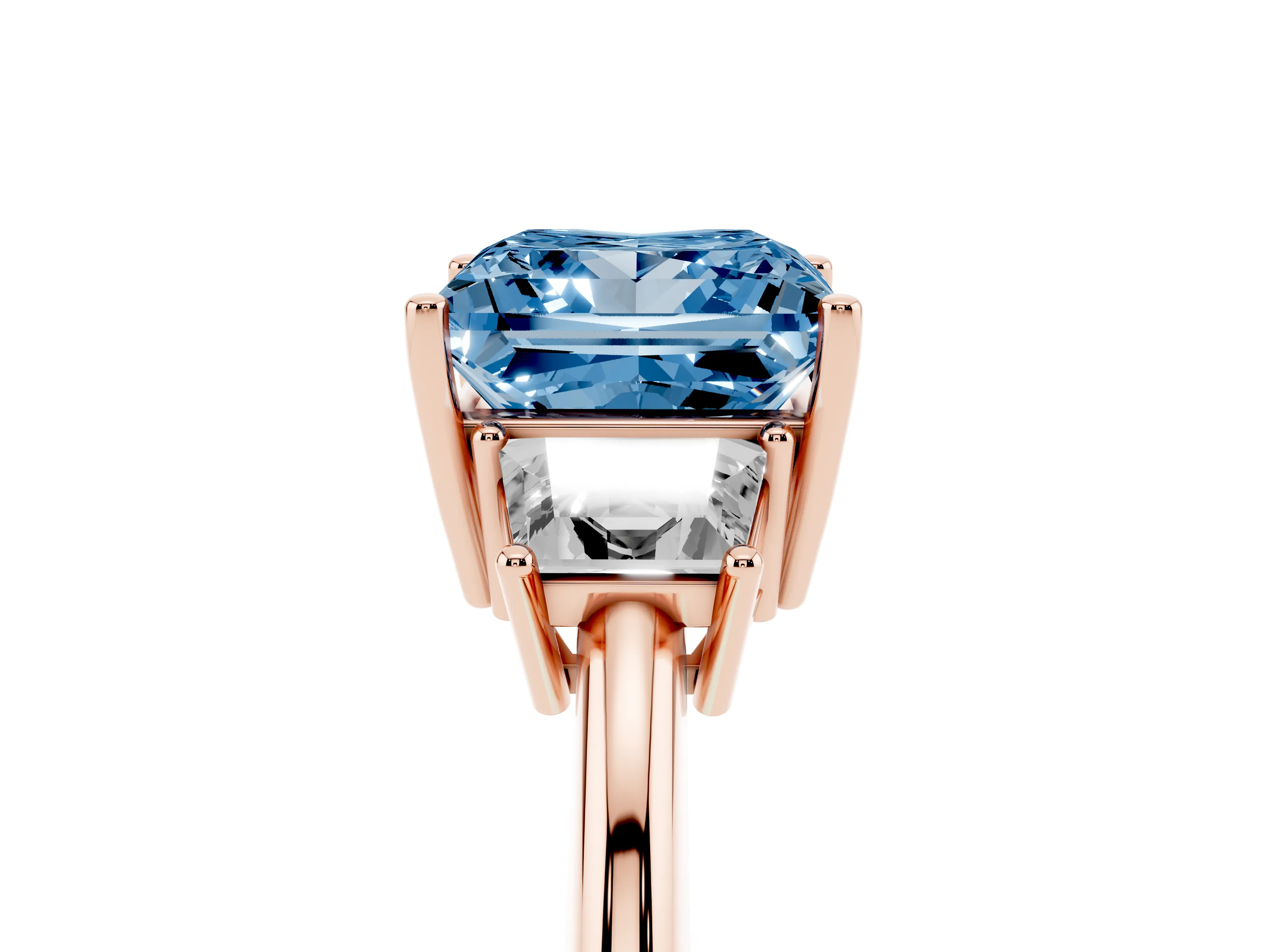 Fancy Blue Princess Cut Diamond Three-Stone Ring Set in Rose gold with Trapezoid Side Stones and Prong Setting