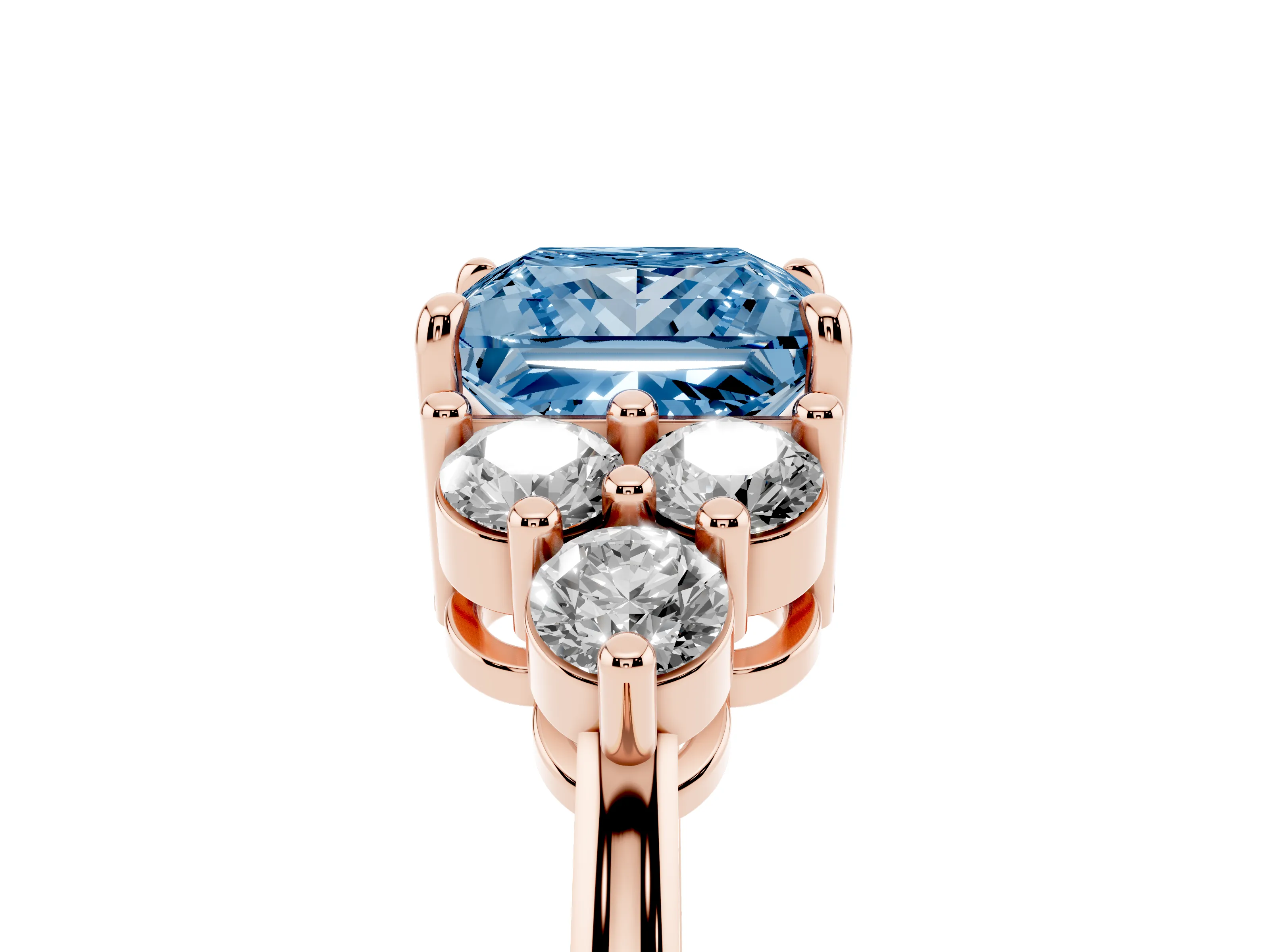 Fancy Blue Princess Cut Diamond Solitaire Ring Set in Rose gold with Cluster Accents on Each Side