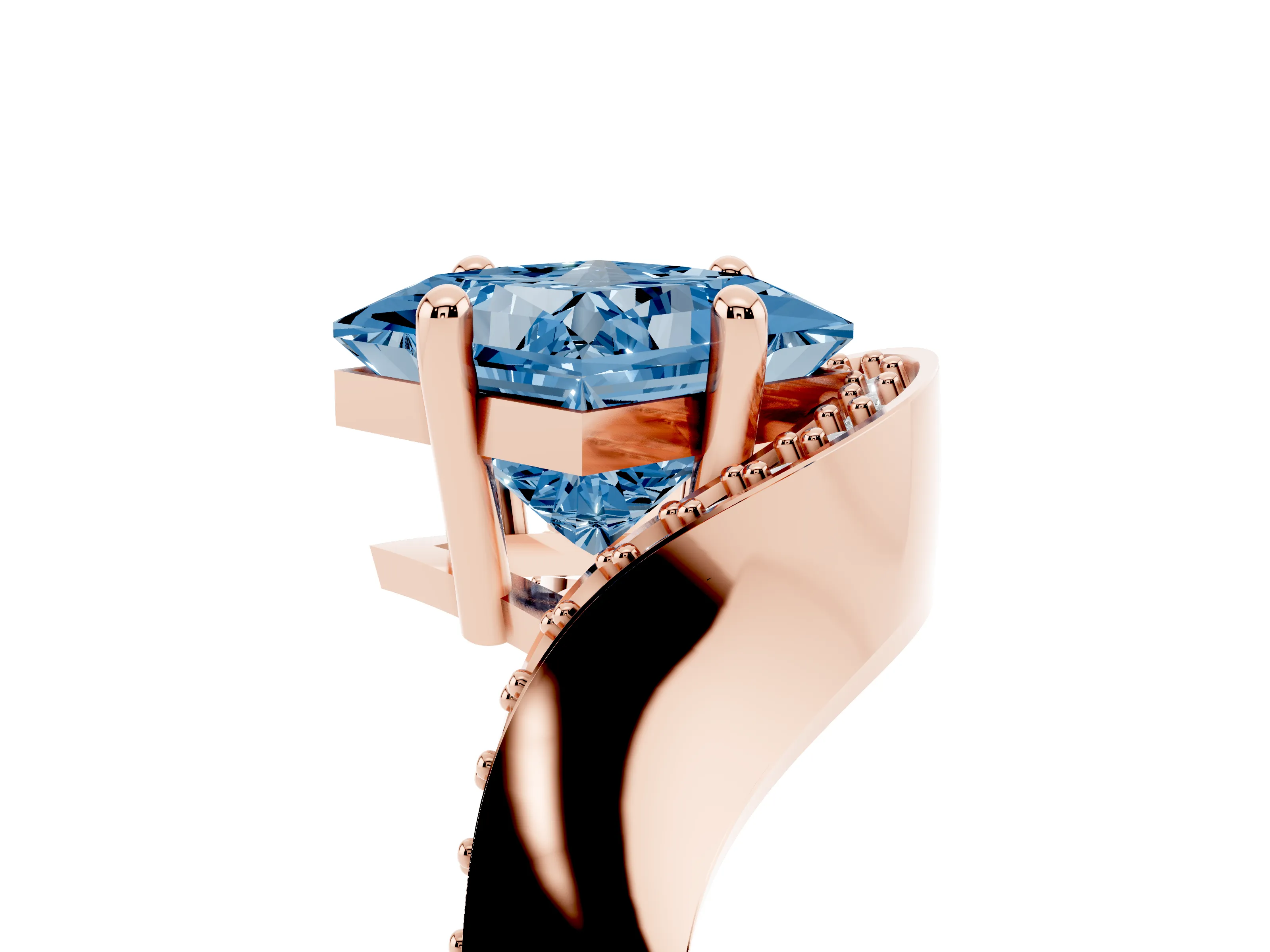 Fancy Blue Princess Cut Diamond Solitaire Engagement Ring Set in Rose gold with Pavé Shoulders