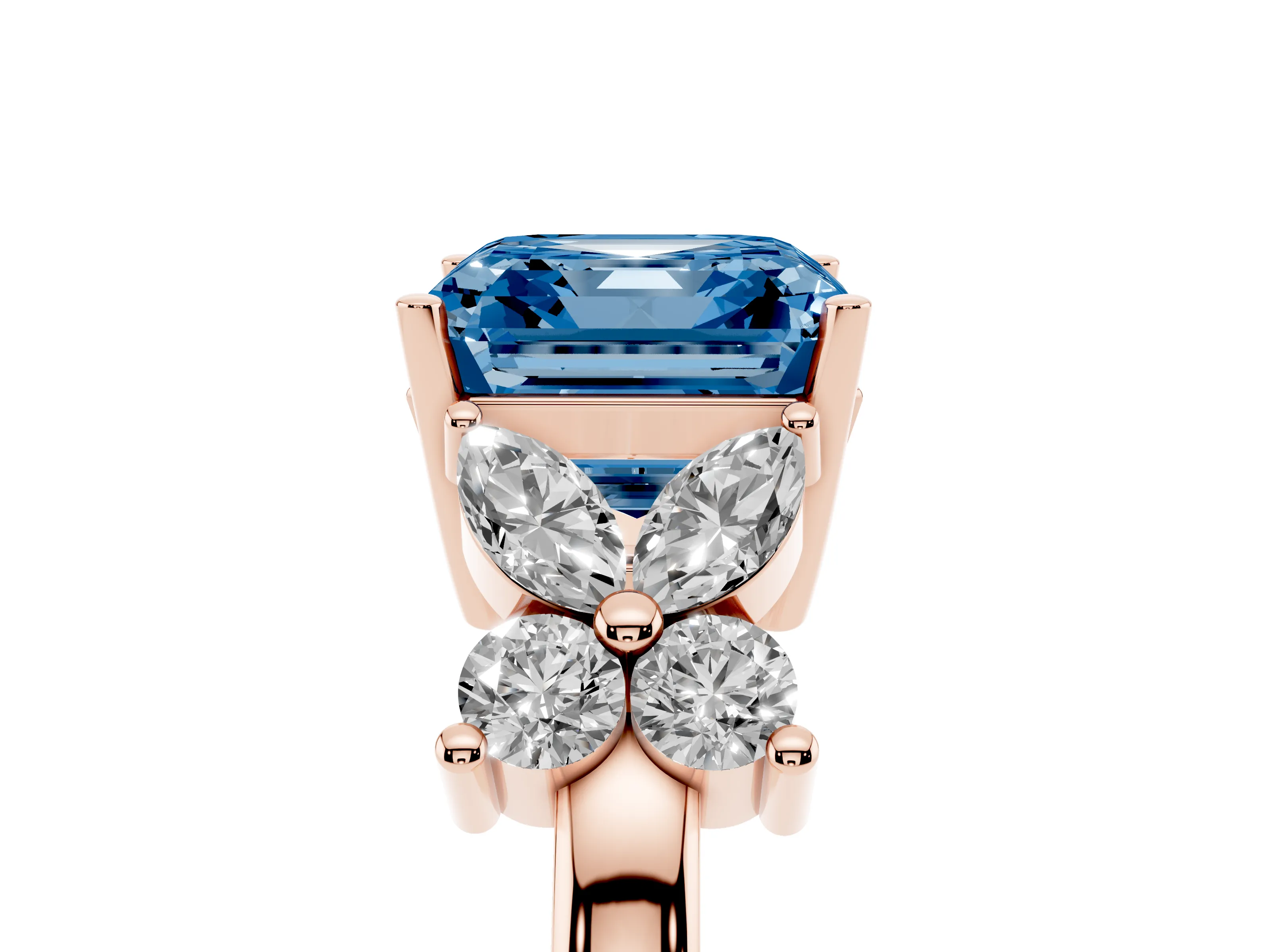Fancy Blue Princess Cut Diamond Floral Cluster Ring Set in Rose gold with Marquise Petals and Prong Setting