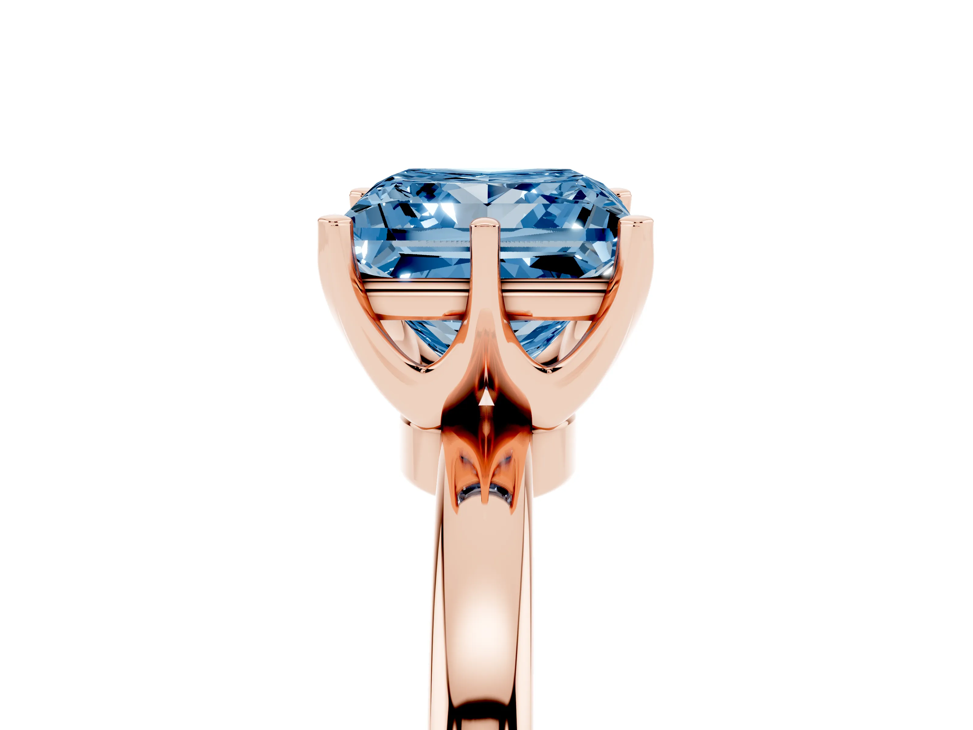 Fancy Blue Princess Cut Diamond Solitaire Ring Set in Rose gold with Raised Prong Setting on a Classic Band