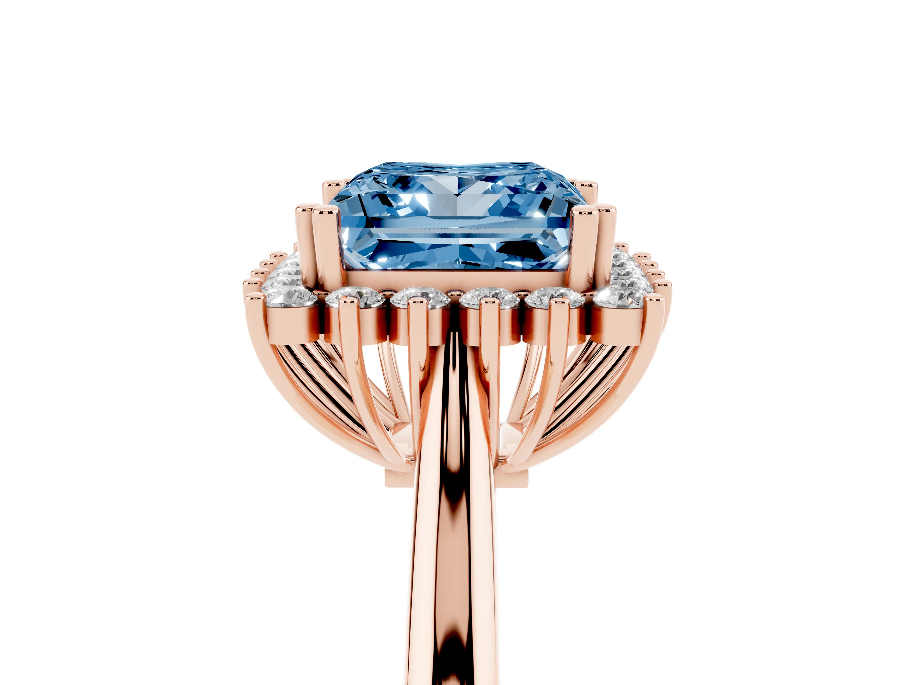 Fancy Blue Princess Cut Diamond Halo Ring Set in Rose gold with Plain Solitaire Band and Prong Setting