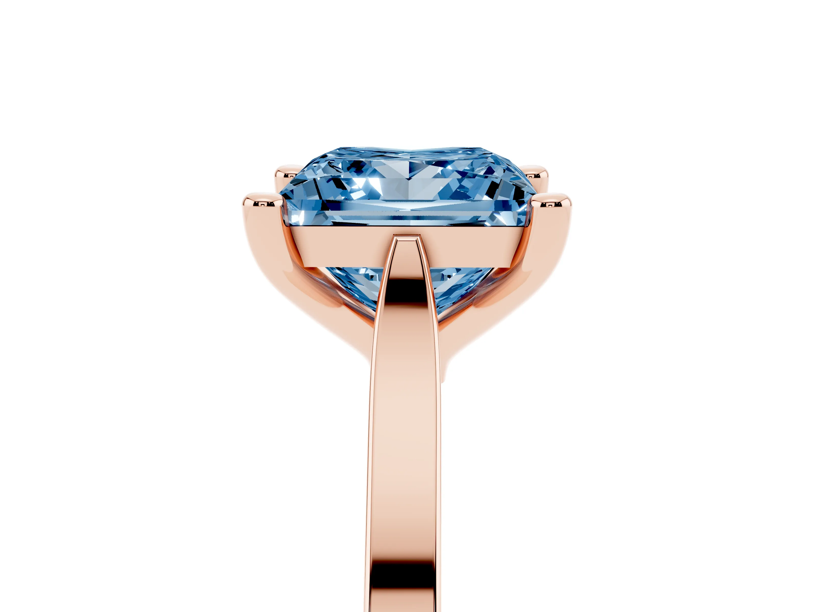 Fancy Blue Princess Cut Diamond Solitaire Ring Set in Rose gold with Prong Setting and Tapered Band