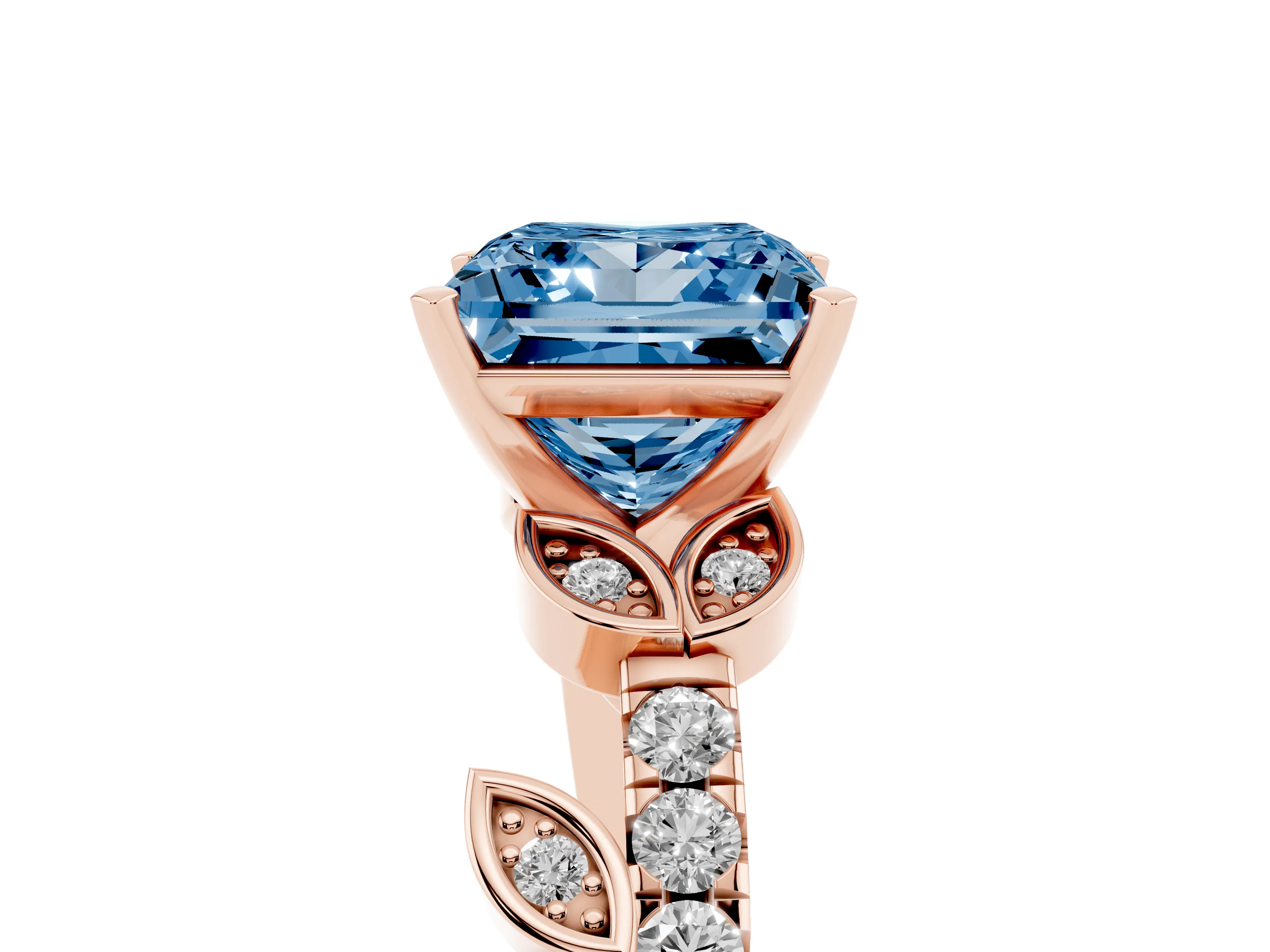 Fancy Blue Princess Cut Diamond Solitaire Leaf-Inspired Ring Set in Rose gold with Pavé Band and Prong Setting