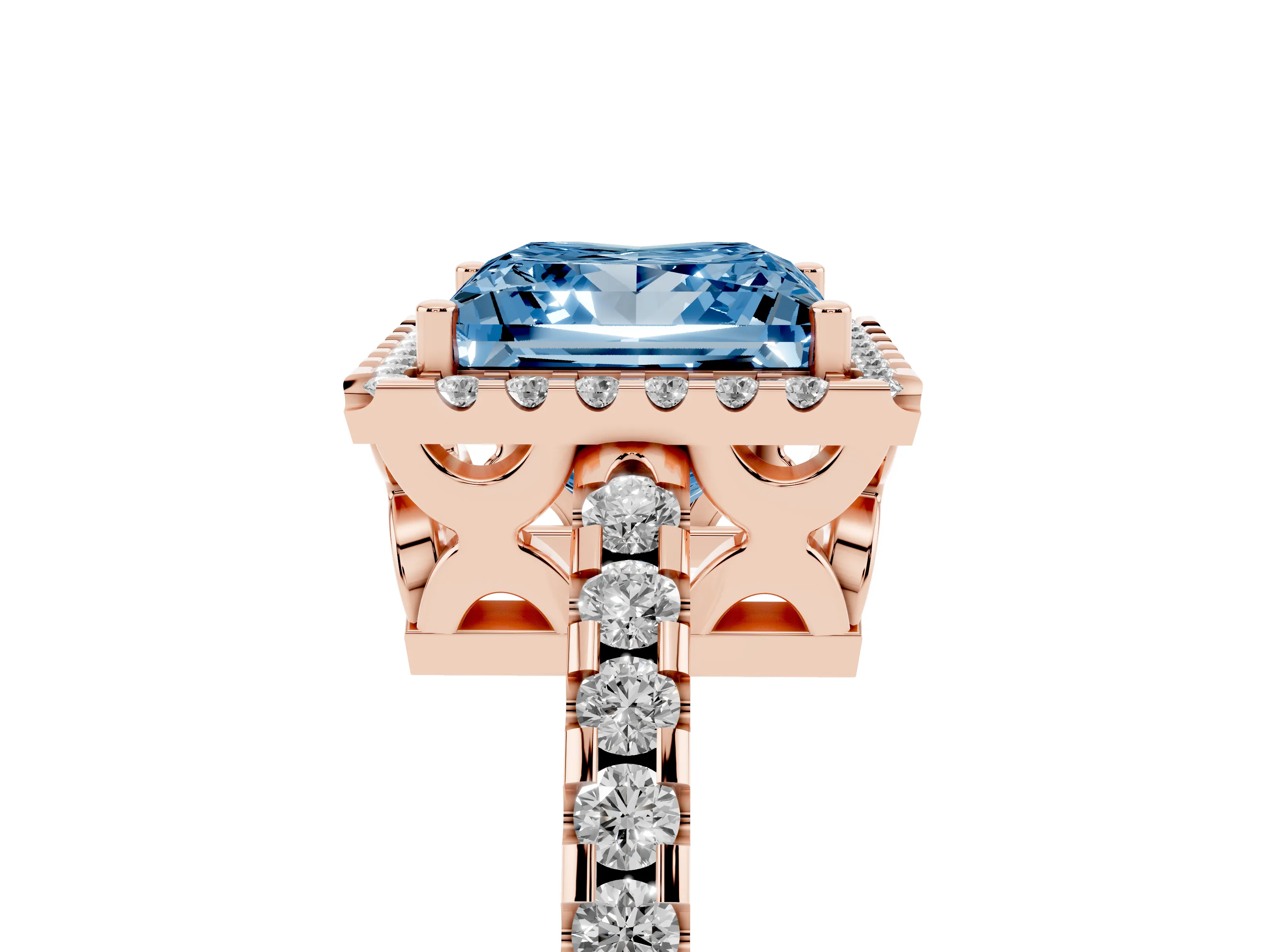Fancy Blue Princess Cut Diamond Halo Ring Set in Rose gold with Pavé Shoulders and Halo-Framed Center