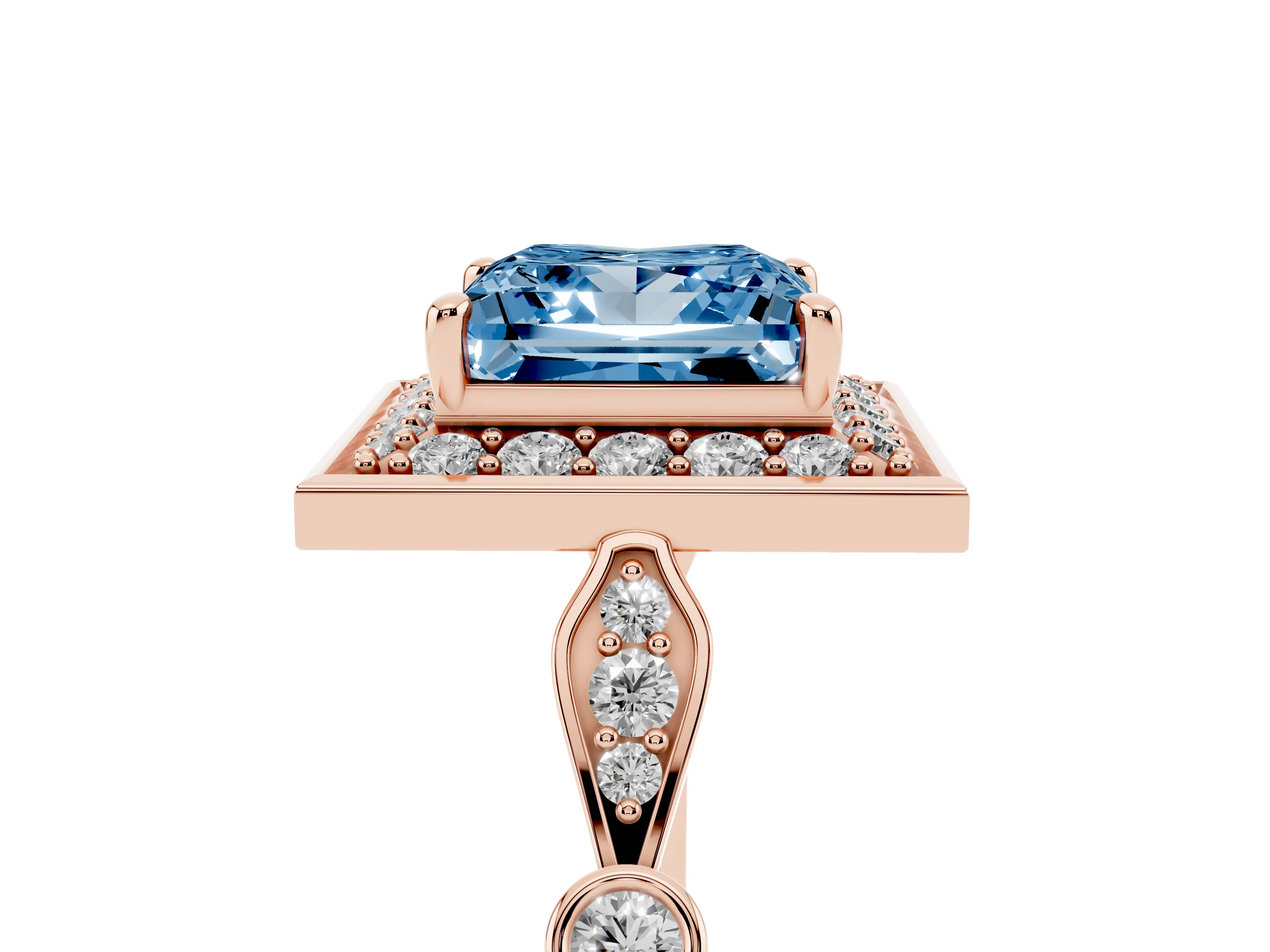 Fancy Blue Princess Cut Diamond Halo Engagement Ring Set in Rose gold with Twisted Band and Prong Setting