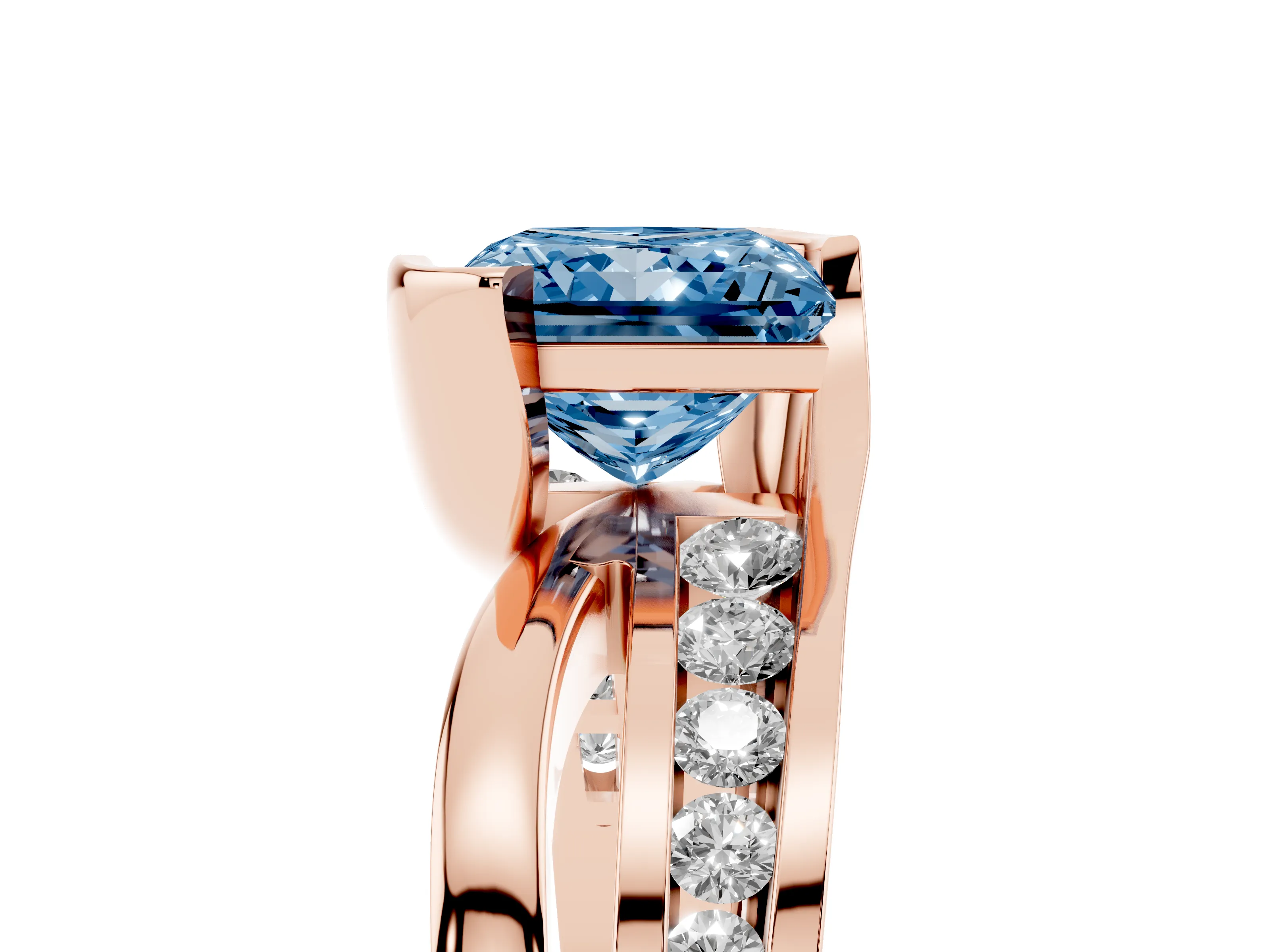 Fancy Blue Princess Cut Diamond Solitaire Ring Set in Rose gold with Channel Set Split Shank and Tension Prongs
