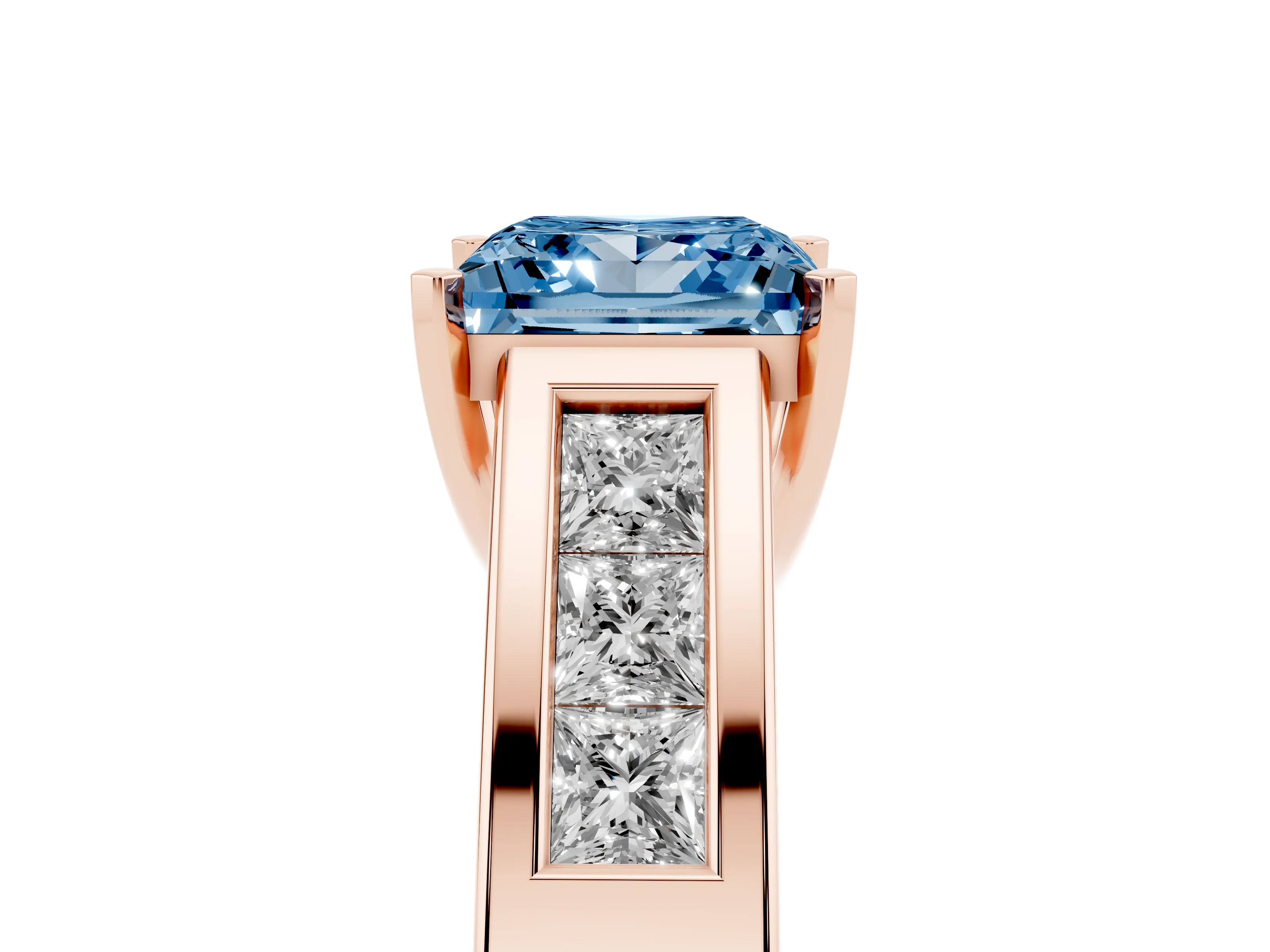 Fancy Blue Princess Cut Diamond Solitaire Ring Set in Rose gold with Channel-Set Accent Stones and Prong Setting