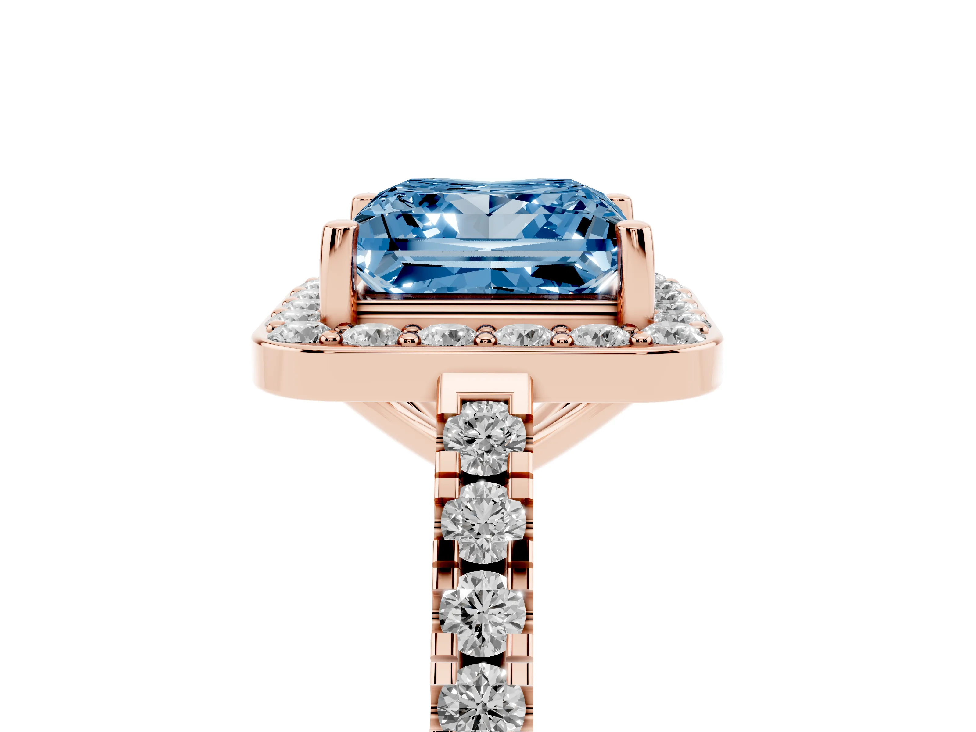 Fancy Blue Princess Cut Diamond Halo Ring Set in Rose gold with Round Pavé Split Shank and Prong Setting