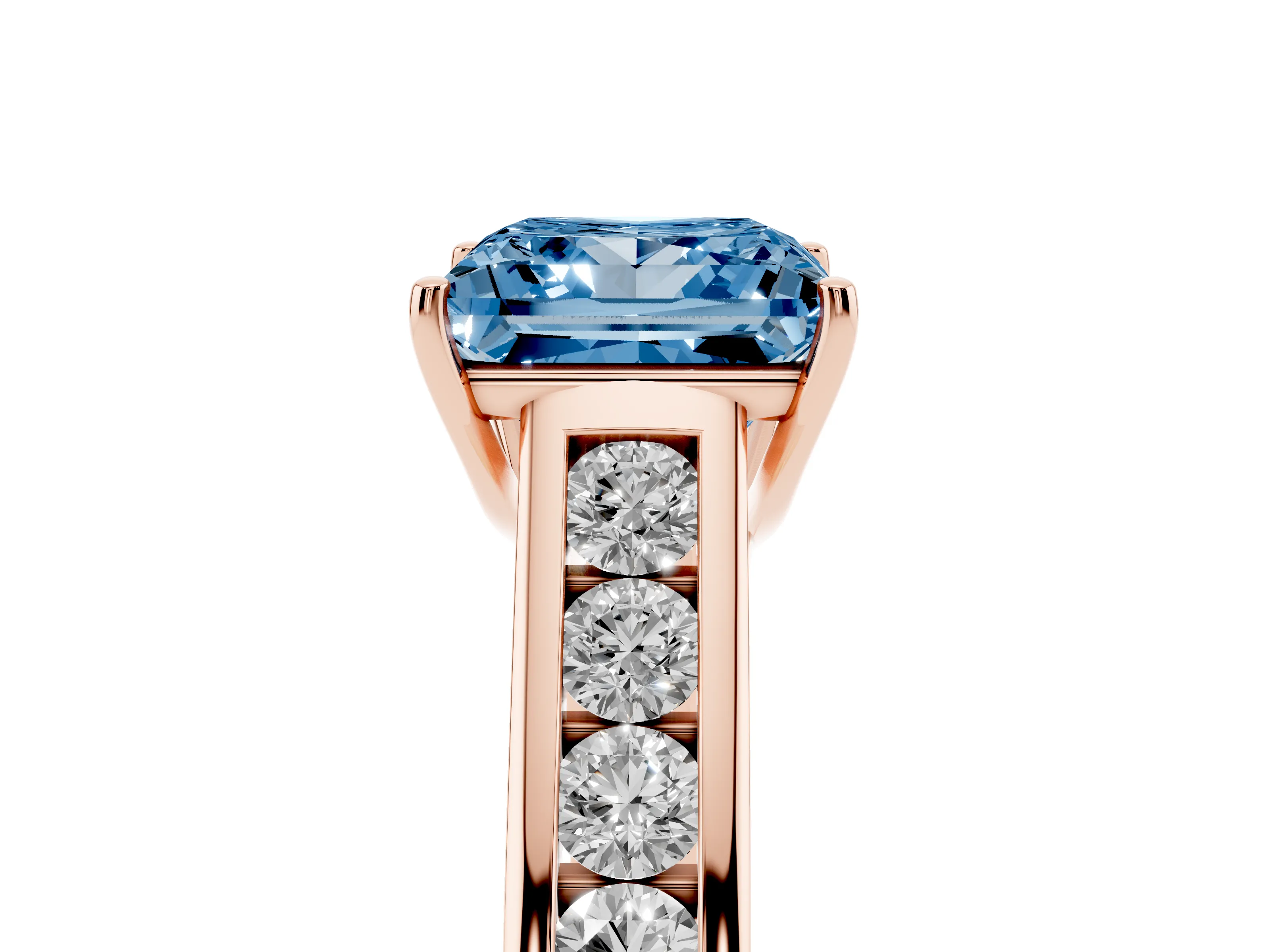Fancy Blue Princess Cut Diamond Solitaire Channel-Set Engagement Ring Set in Rose gold with Prong Setting