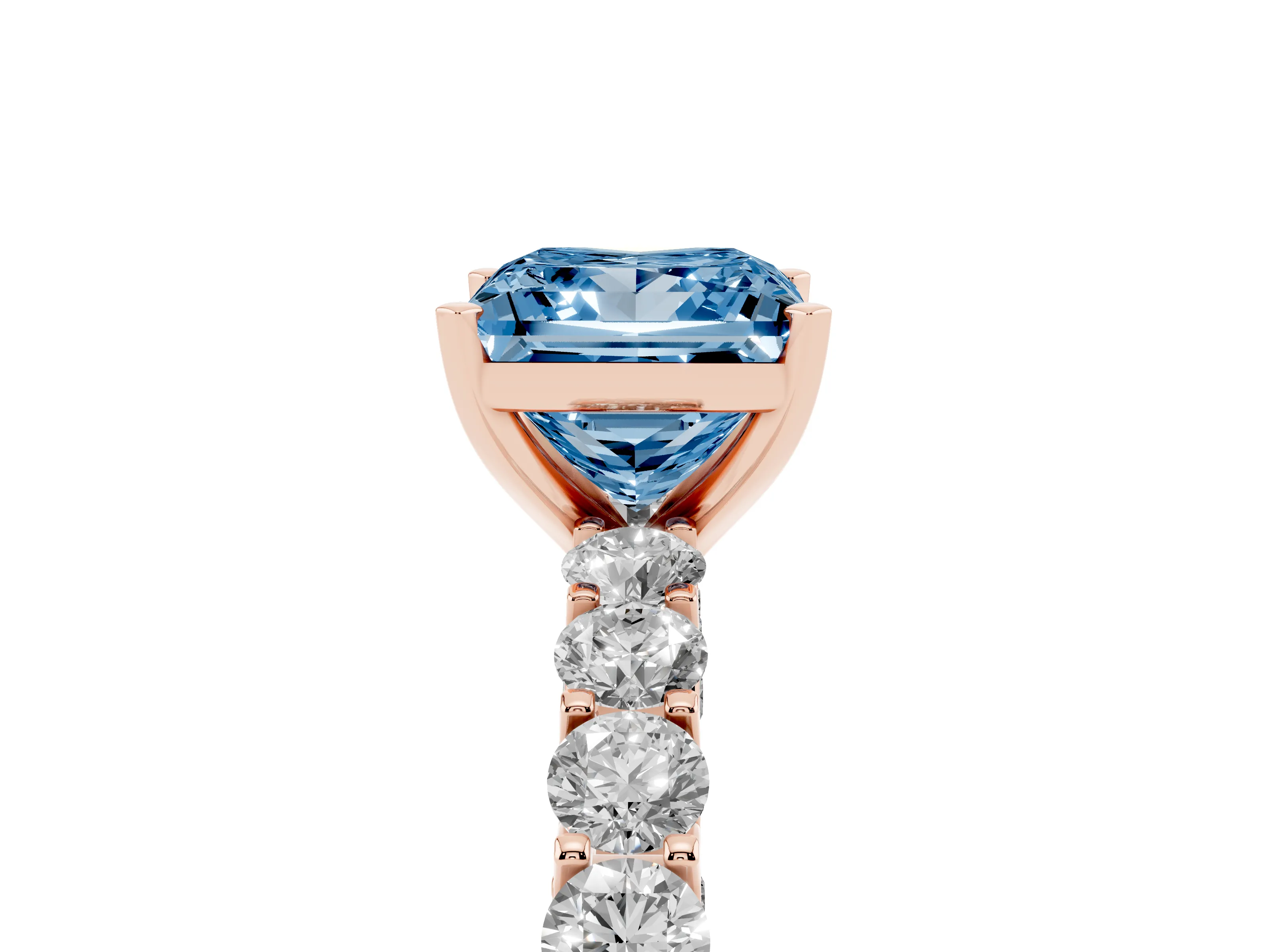 Fancy Blue Princess Cut Diamond Solitaire Ring Set in Rose gold with Shared Prong Pavé Band