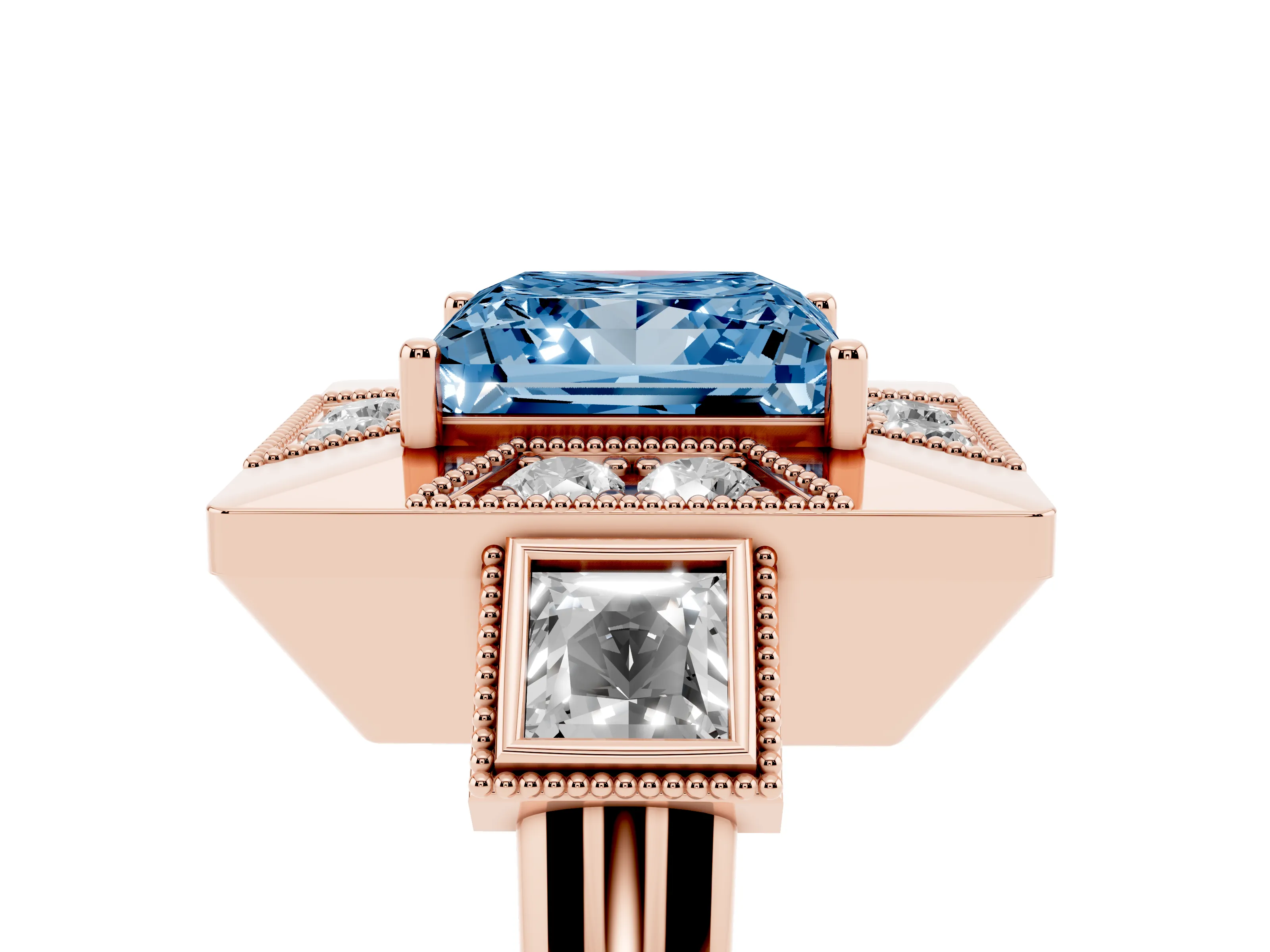 Fancy Blue Princess Cut Diamond Milgrain Halo Ring Set in Rose gold with Split Shank